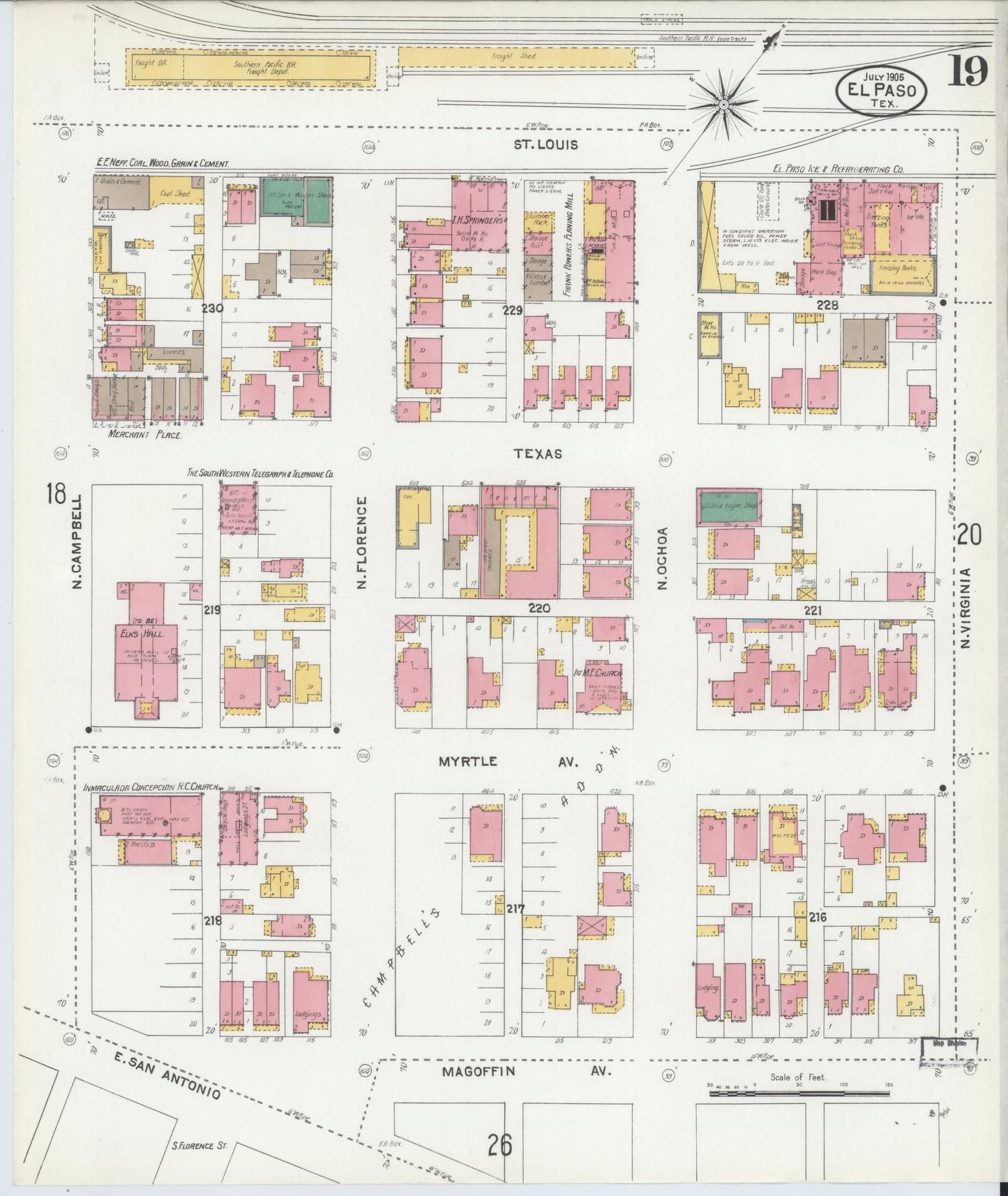 Sanborn Fire Insurance Map from El Paso, El Paso County, Texas (1905), Sheet #0019 - Complete Map Set gallery image, historic Sanborn map, vintage wall art, Texas Texas