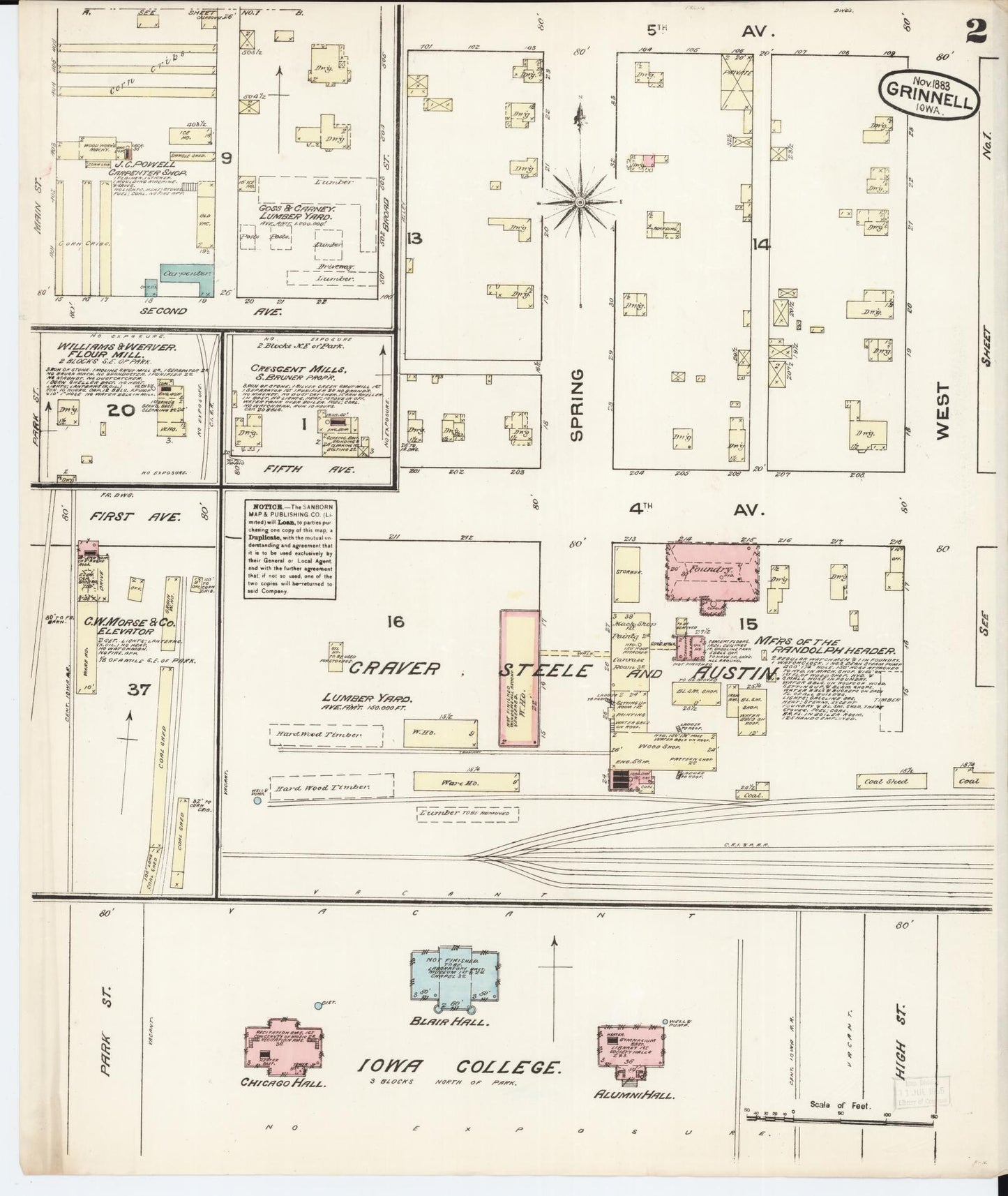 Sanborn Fire Insurance Map from Grinnell, Poweshiek County, Iowa (1883), Sheet #0002 - Historic Sanborn Fire Insurance Map Print, vintage old map wall art