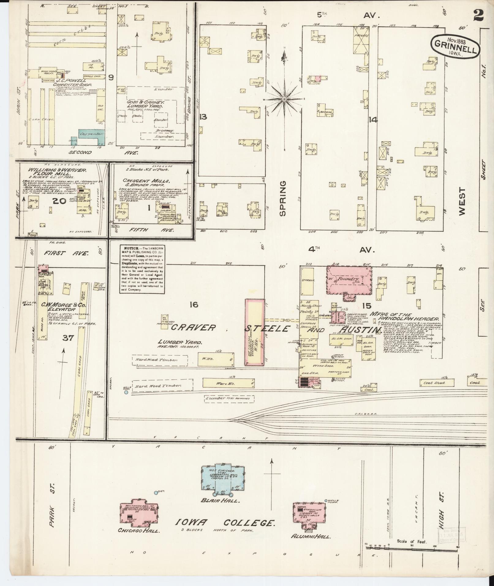 Sanborn Fire Insurance Map from Grinnell, Poweshiek County, Iowa (1883), Sheet #0002 - Historic Sanborn Fire Insurance Map Print, vintage old map wall art