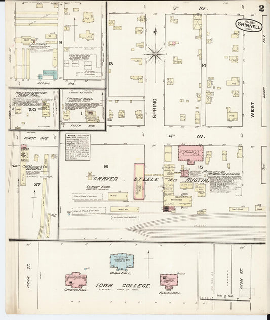 Sanborn Fire Insurance Map from Grinnell, Poweshiek County, Iowa (1883), Sheet #0002 - Historic Sanborn Fire Insurance Map Print, vintage old map wall art