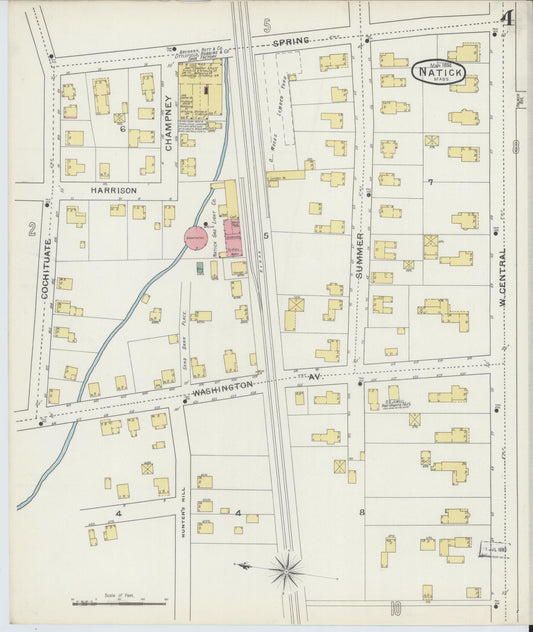 Sanborn Fire Insurance Map from Natick, Middlesex County, Massachusetts (1894), Sheet #0004 - Historic Sanborn Fire Insurance Map Print, vintage old map wall art, antique decor, genealogy gift, Massachusetts Massachusetts map