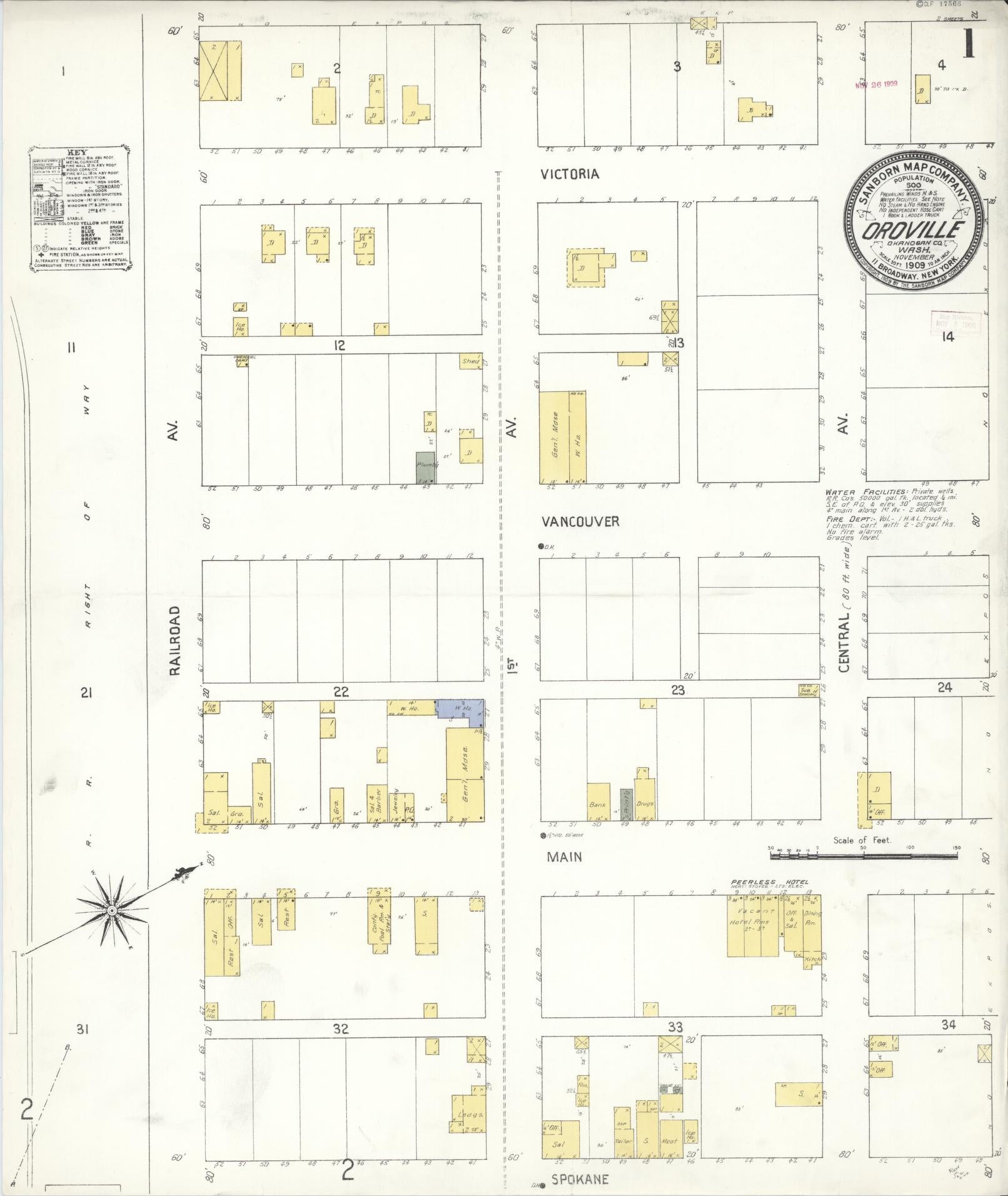 Sanborn Fire Insurance Map from Oroville, Okanogan County, Washington (1909), Sheet #0001 - Complete Map Set gallery image, historic Sanborn map, vintage wall art, Washington Washington