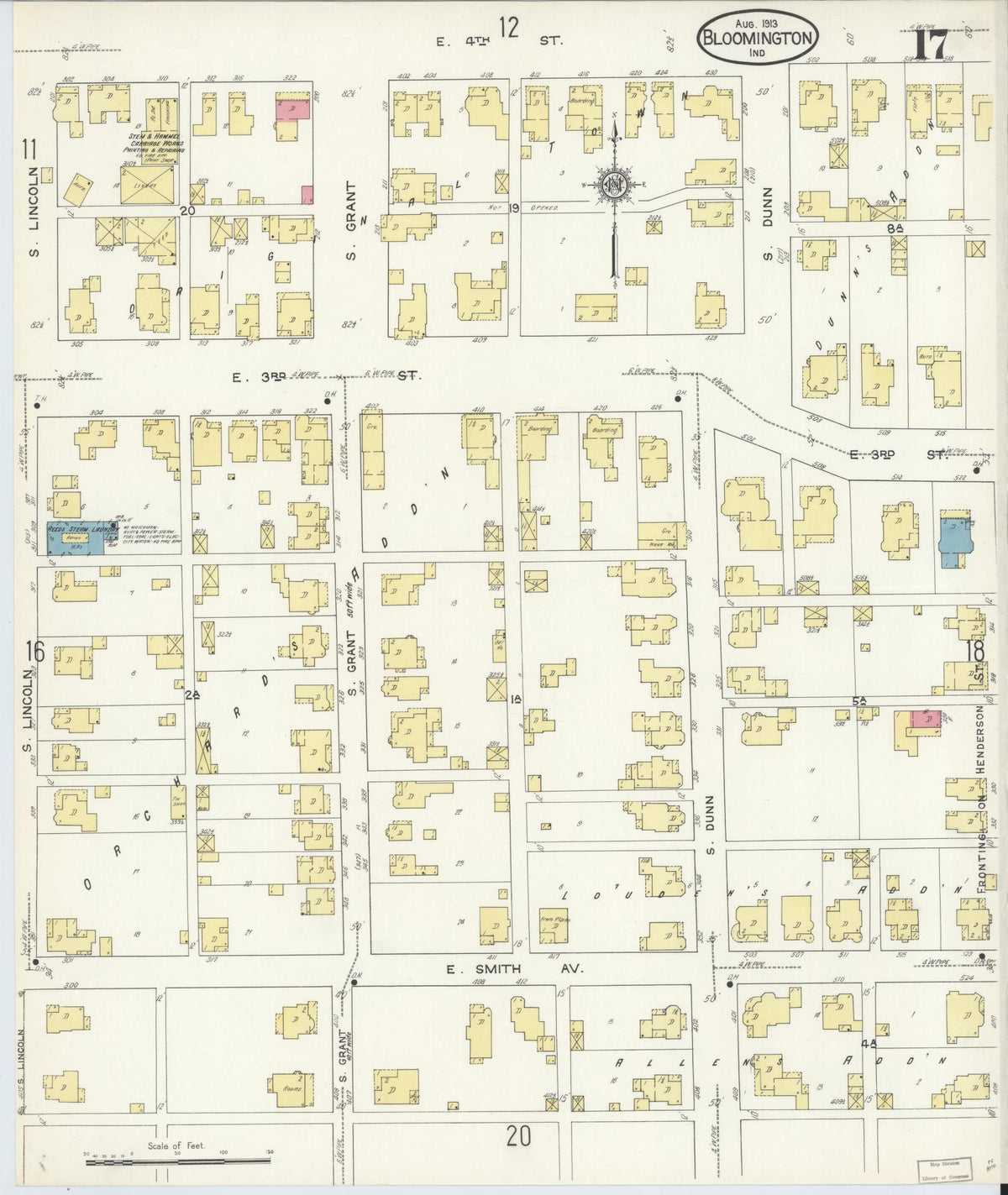 Sanborn Fire Insurance Map from Bloomington, Monroe County, Indiana (1913), Sheet #0017 - Historic Sanborn Fire Insurance Map Print, vintage old map wall art, antique decor, genealogy gift, Indiana Indiana map