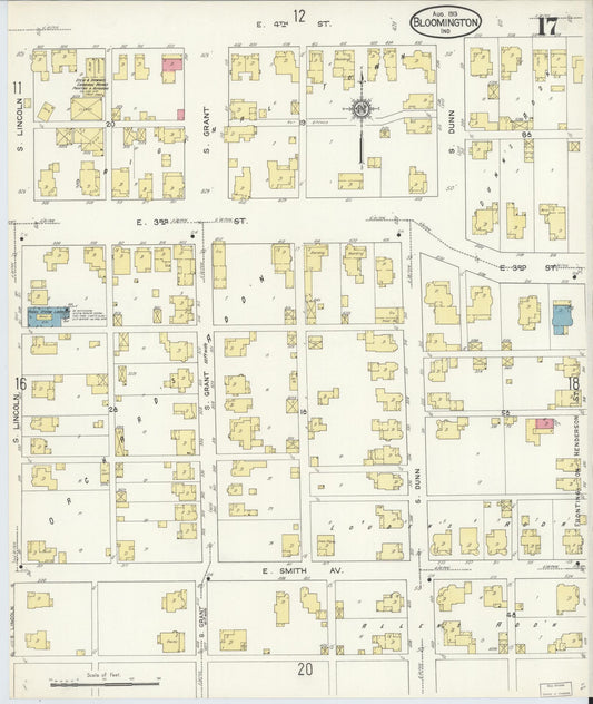 Sanborn Fire Insurance Map from Bloomington, Monroe County, Indiana (1913), Sheet #0017 - Historic Sanborn Fire Insurance Map Print, vintage old map wall art, antique decor, genealogy gift, Indiana Indiana map