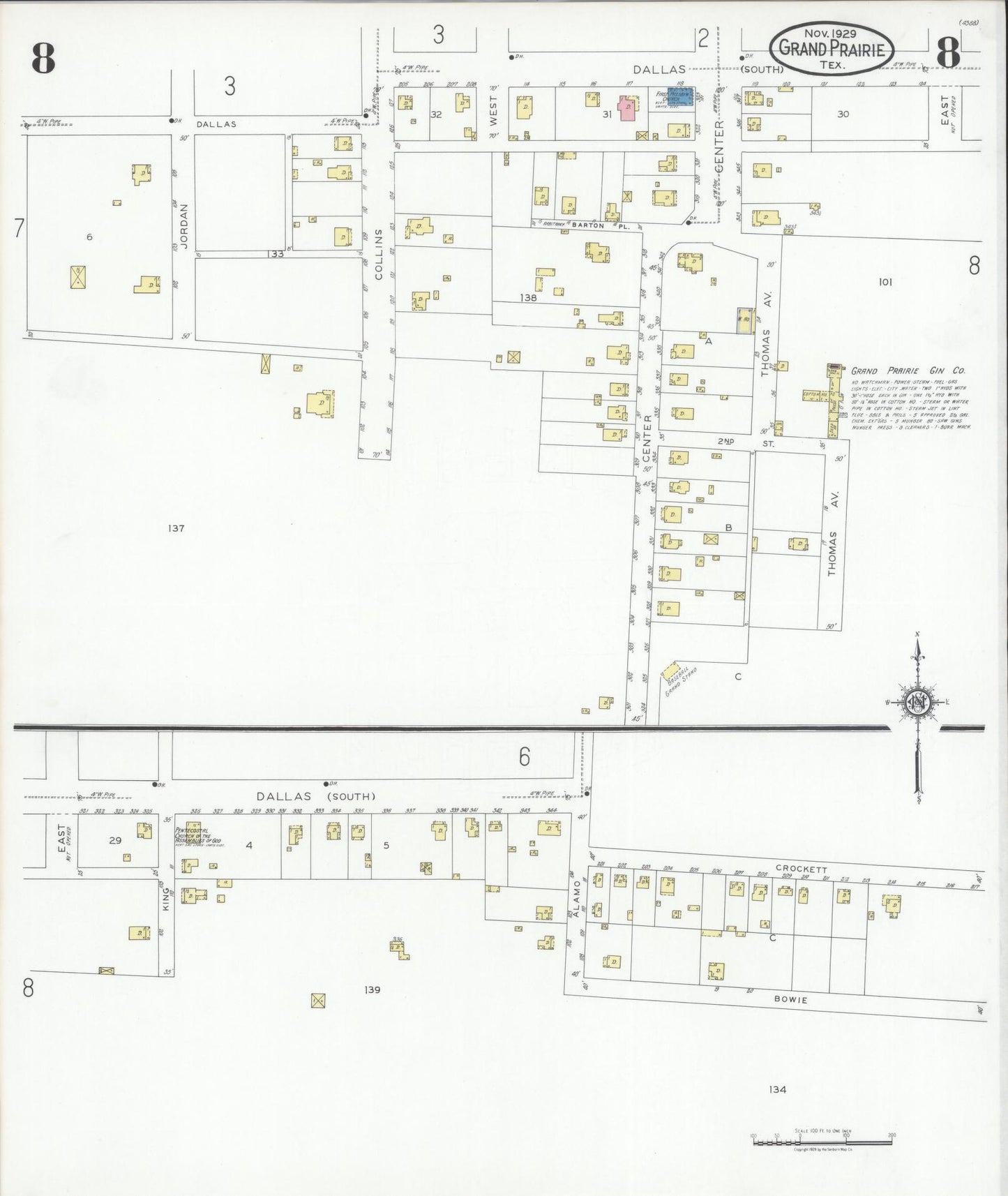 Sanborn Fire Insurance Map from Grand Prairie, Dallas County, Texas (1929), Sheet #0008 - Historic Sanborn Fire Insurance Map Print, vintage old map wall art, antique decor, genealogy gift, Texas Texas map