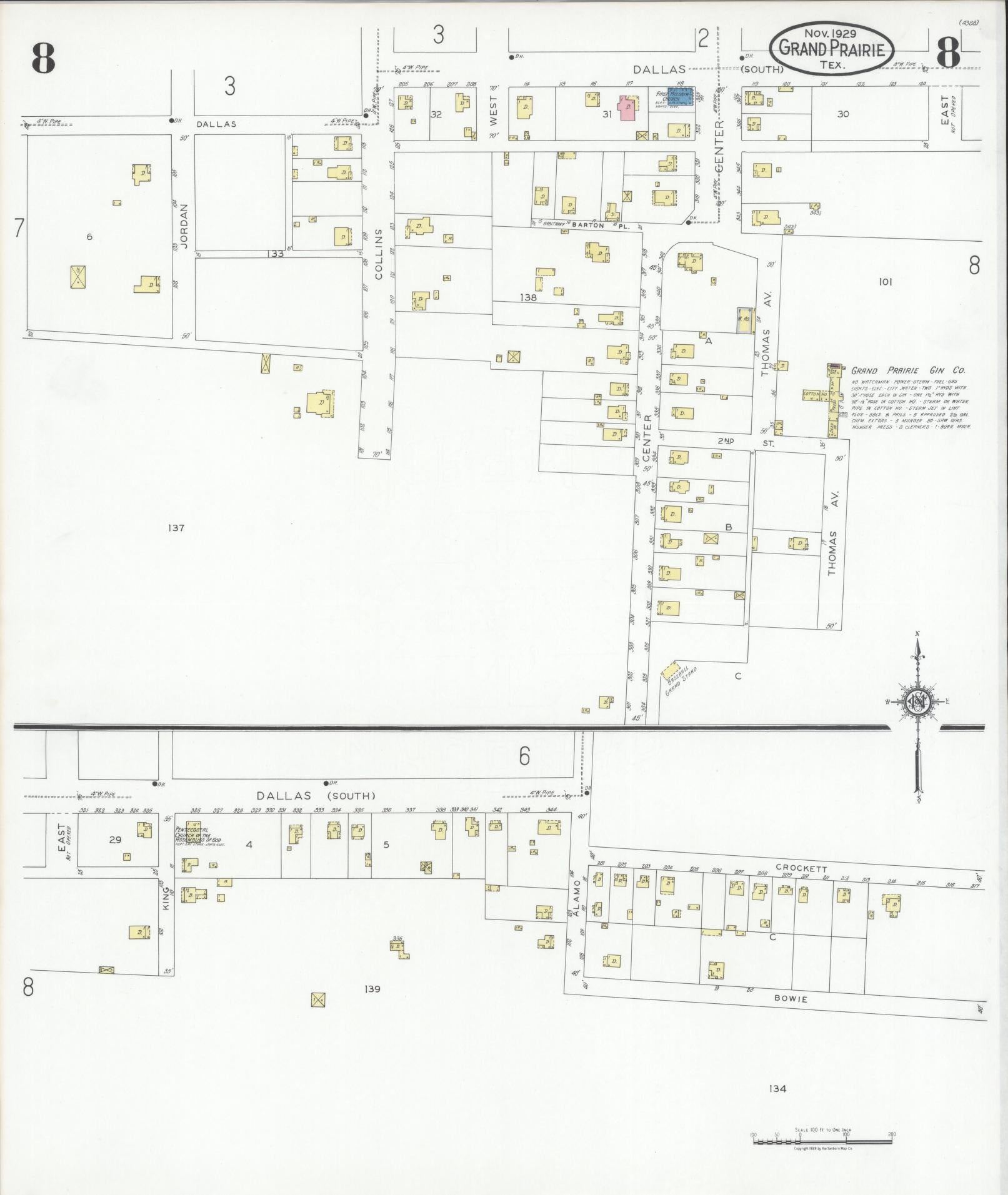 Sanborn Fire Insurance Map from Grand Prairie, Dallas County, Texas (1929), Sheet #0008 - Historic Sanborn Fire Insurance Map Print, vintage old map wall art, antique decor, genealogy gift, Texas Texas map
