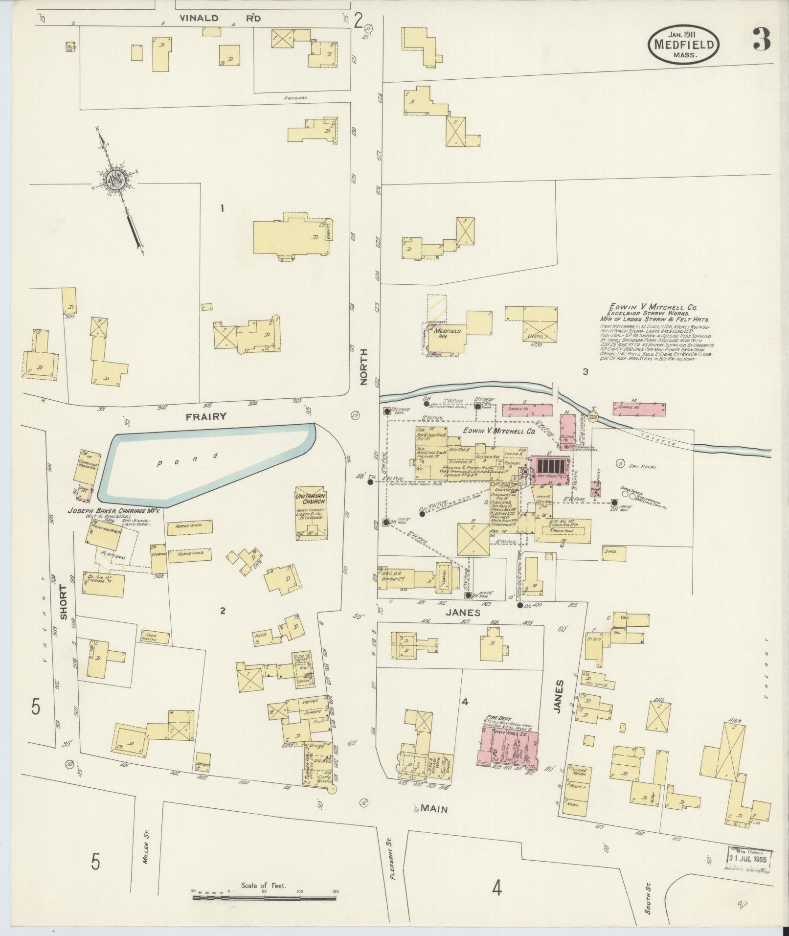 Sanborn Fire Insurance Map from Medfield, Norfolk County, Massachusetts (1911), Sheet #0003 - Complete Map Set gallery image, historic Sanborn map, vintage wall art, Massachusetts Massachusetts