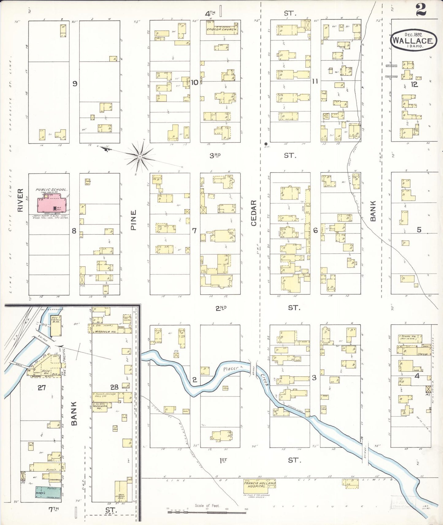 Sanborn Fire Insurance Map from Wallace, Shoshone County, Idaho (1892), Sheet #0002 - Complete Map Set gallery image, historic Sanborn map, vintage wall art, Idaho Idaho