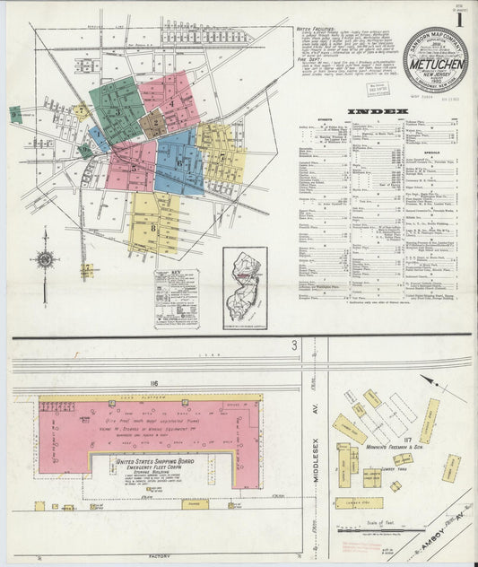 Sanborn Fire Insurance Map from Metuchen, Middlesex County, New Jersey (1920), Sheet #0001 - Historic Sanborn Fire Insurance Map Print, vintage old map wall art, antique decor, genealogy gift, New Jersey New Jersey map