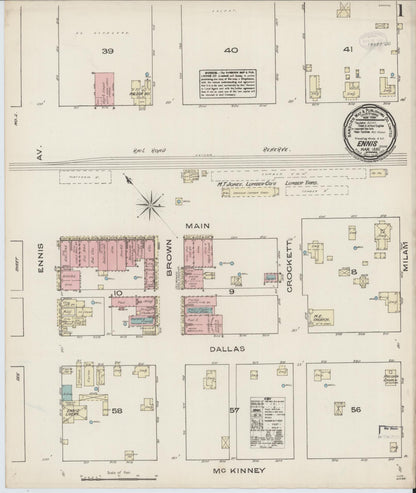 Sanborn Fire Insurance Map from Ennis, Ellis County, Texas (1885), Sheet #0001 - Historic Sanborn Fire Insurance Map Print, vintage old map wall art, antique decor, genealogy gift, Texas Texas map