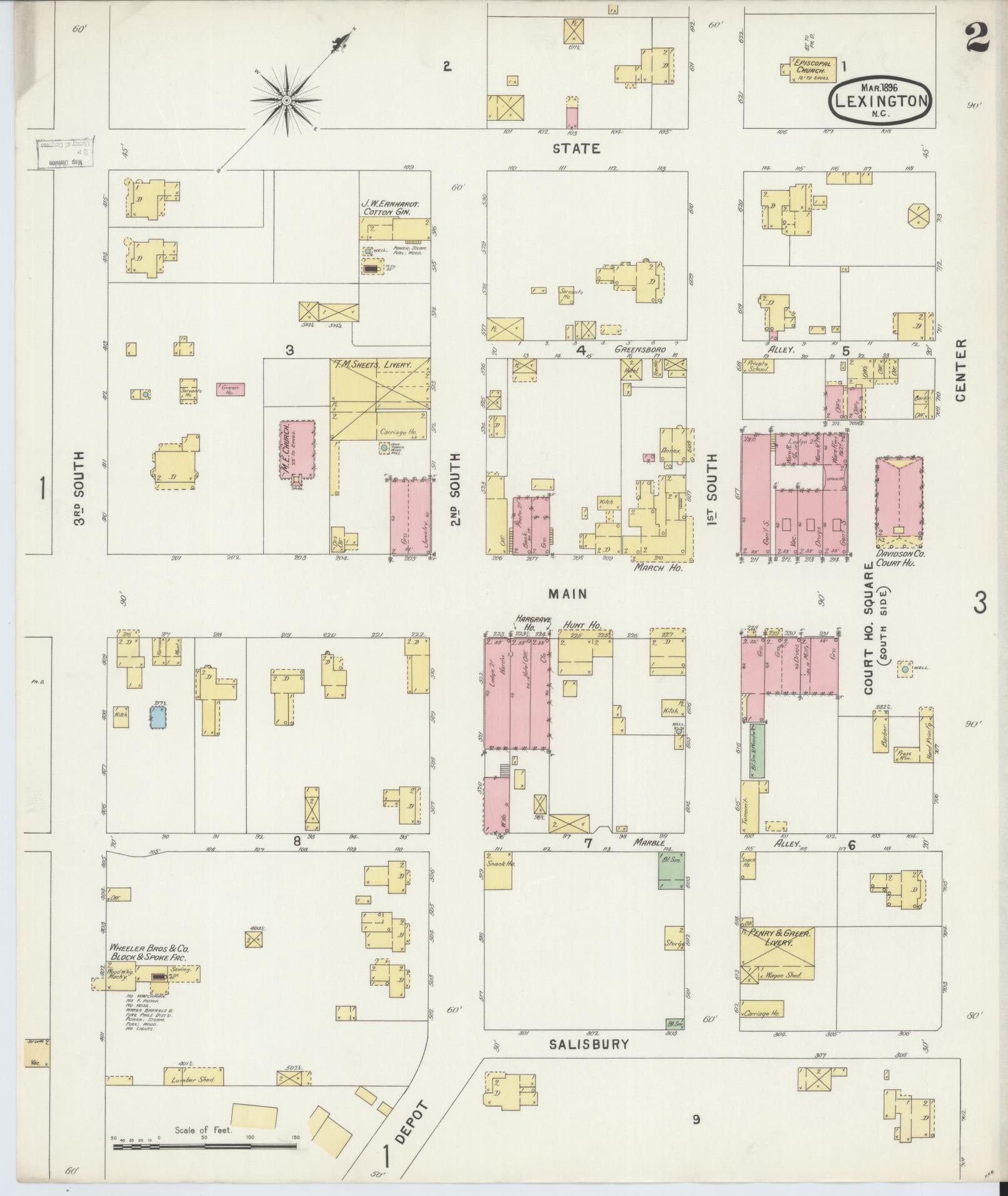 Sanborn Fire Insurance Map from Lexington, Davidson County, North Carolina (1896), Sheet #0002 - Complete Map Set gallery image, historic Sanborn map, vintage wall art, North Carolina North Carolina