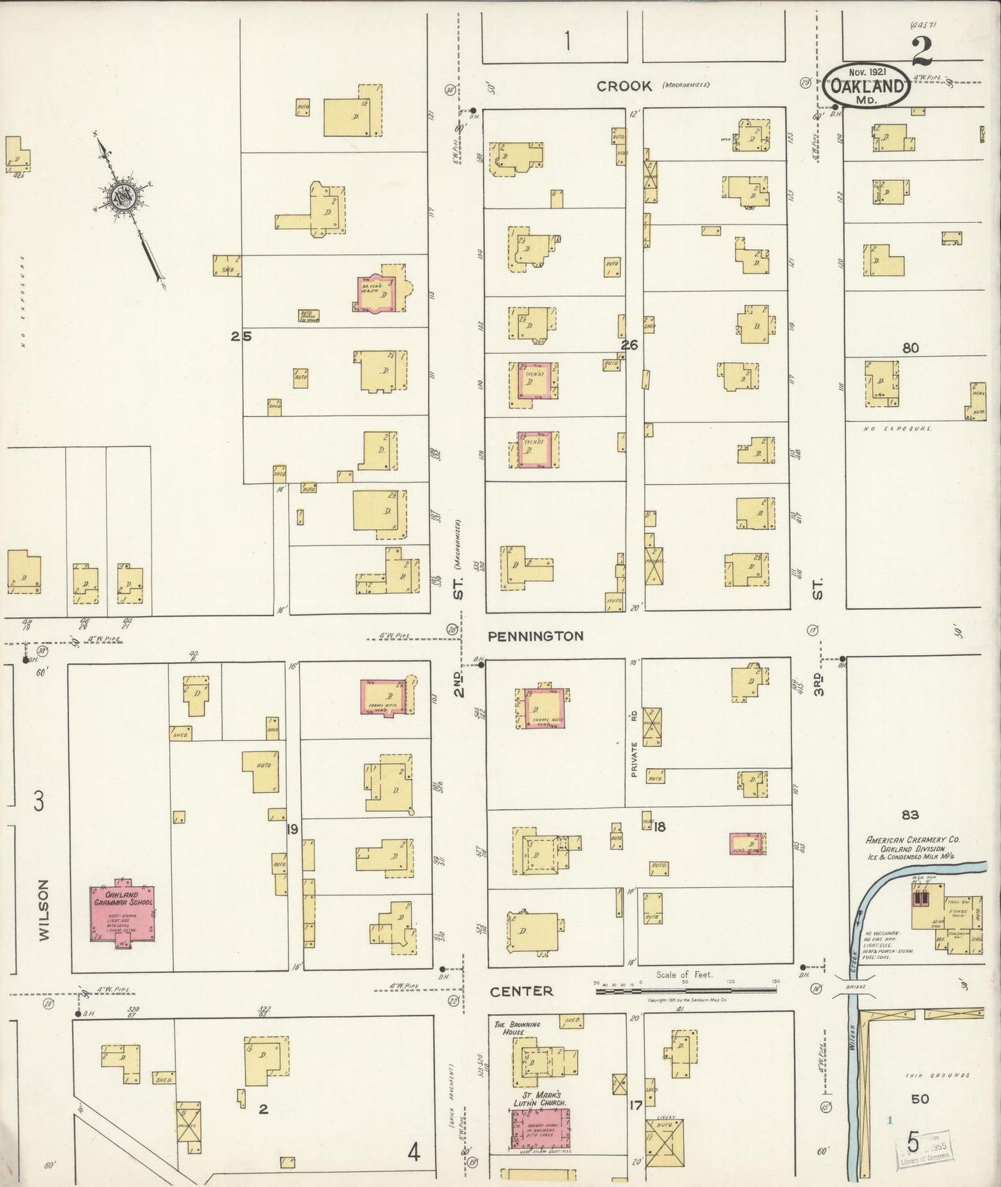 Sanborn Fire Insurance Map from Oakland, Garrett County, Maryland (1921), Sheet #0002 - Historic Sanborn Fire Insurance Map Print, vintage old map wall art