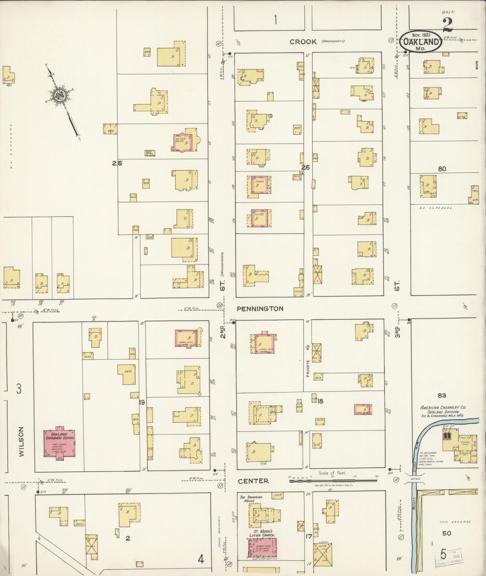 Sanborn Fire Insurance Map from Oakland, Garrett County, Maryland (1921), Sheet #0002 - Historic Sanborn Fire Insurance Map Print, vintage old map wall art