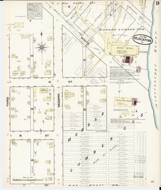 Sanborn Fire Insurance Map from Muscatine, Muscatine County, Iowa (1883), Sheet #0009 - Historic Sanborn Fire Insurance Map Print, vintage old map wall art