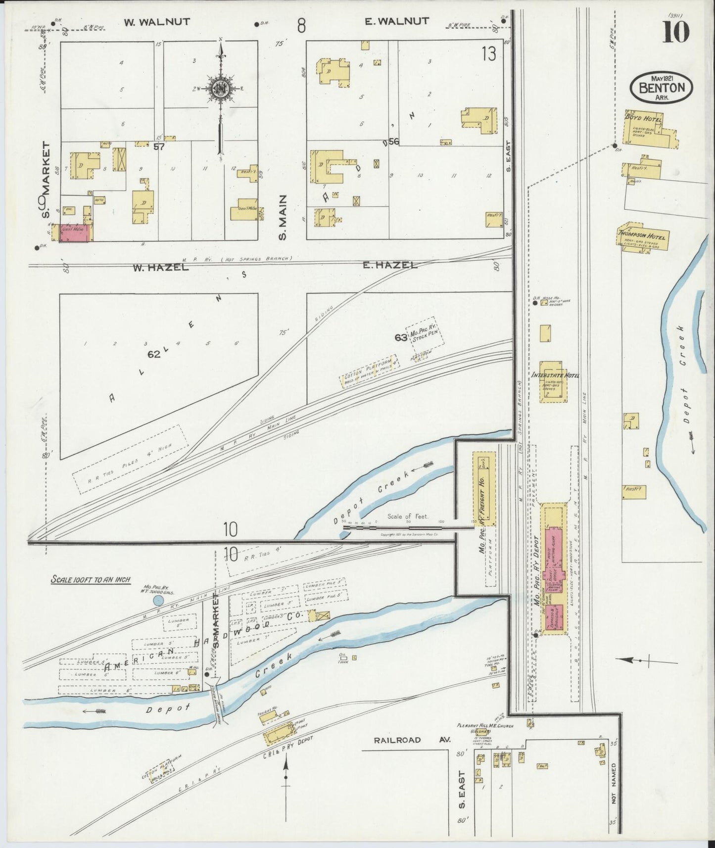 Sanborn Fire Insurance Map from Benton, Saline County, Arkansas (1921), Sheet #0010 - Complete Map Set gallery image, historic Sanborn map, vintage wall art, Arkansas Arkansas