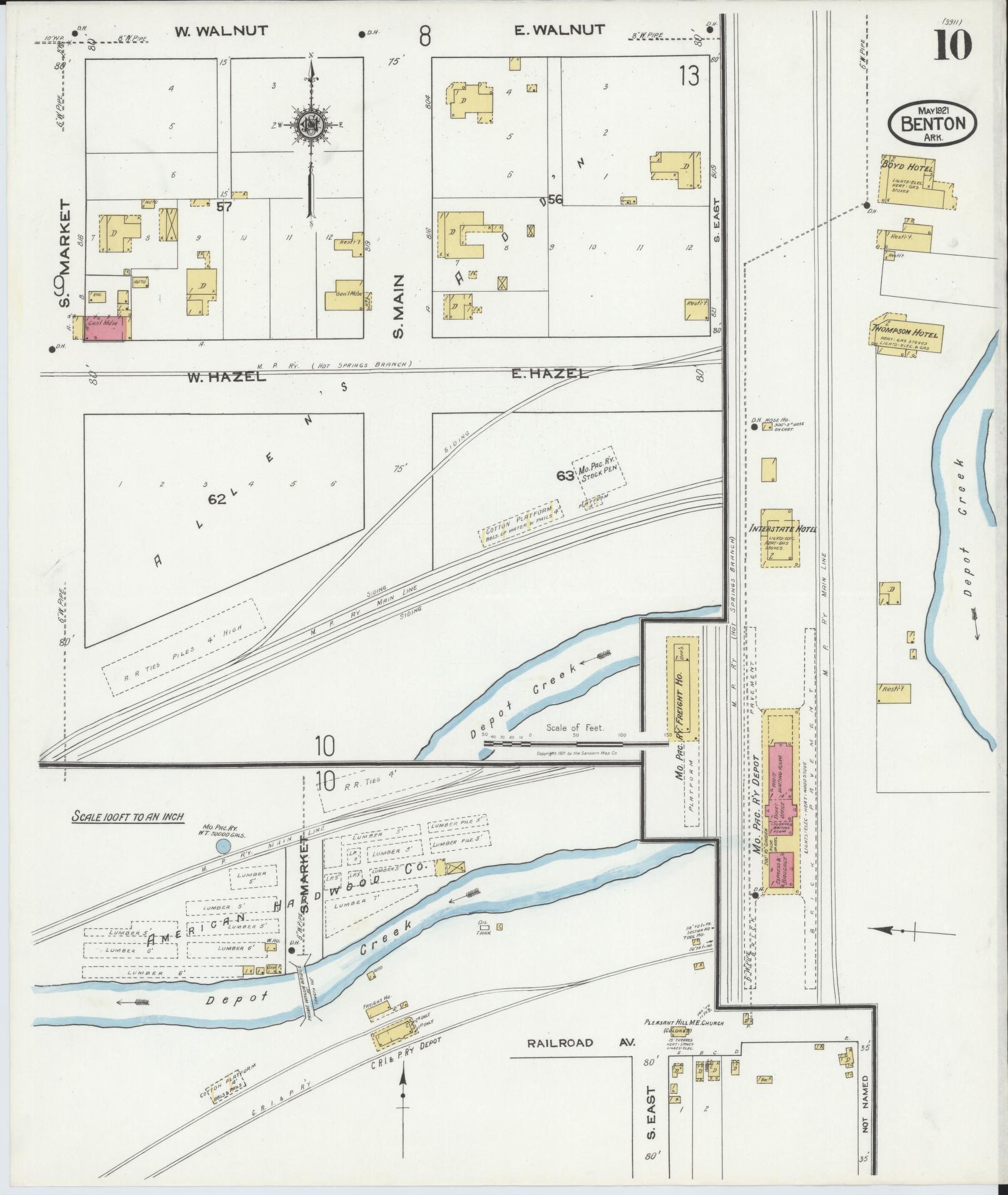 Sanborn Fire Insurance Map from Benton, Saline County, Arkansas (1921), Sheet #0010 - Complete Map Set gallery image, historic Sanborn map, vintage wall art, Arkansas Arkansas