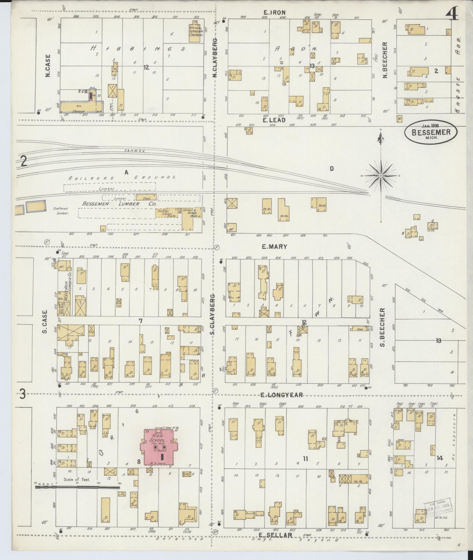Sanborn Fire Insurance Map from Bessemer, Gogebic County, Michigan (1898), Sheet #0004 - Complete Map Set gallery image, historic Sanborn map, vintage wall art, Michigan Michigan