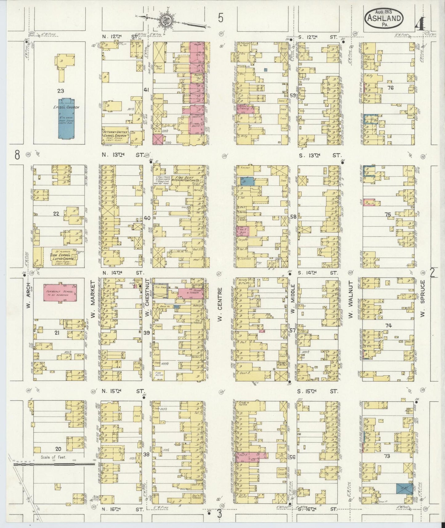 Sanborn Fire Insurance Map from Ashland, Schuylkill County, Pennsylvania (1913), Sheet #0004 - Historic Sanborn Fire Insurance Map Print, vintage old map wall art, antique decor, genealogy gift, Pennsylvania Pennsylvania map