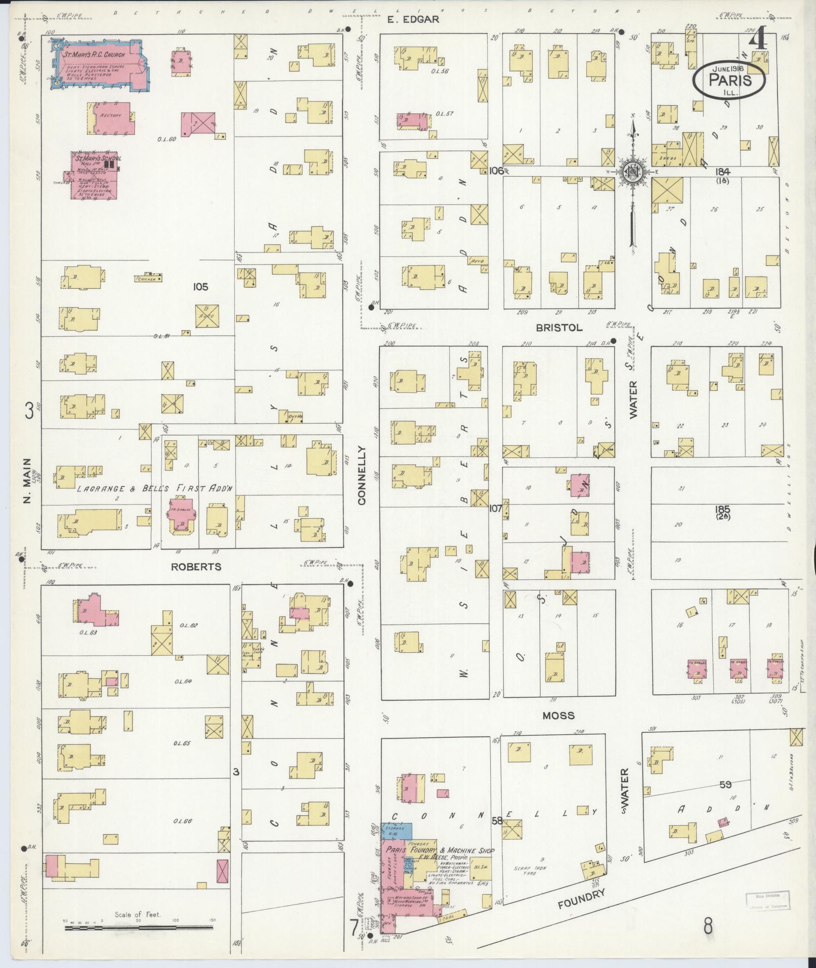 Sanborn Fire Insurance Map from Paris, Edgar County, Illinois (1916), Sheet #0004 - Historic Sanborn Fire Insurance Map Print, vintage old map wall art, antique decor, genealogy gift, Illinois Illinois map