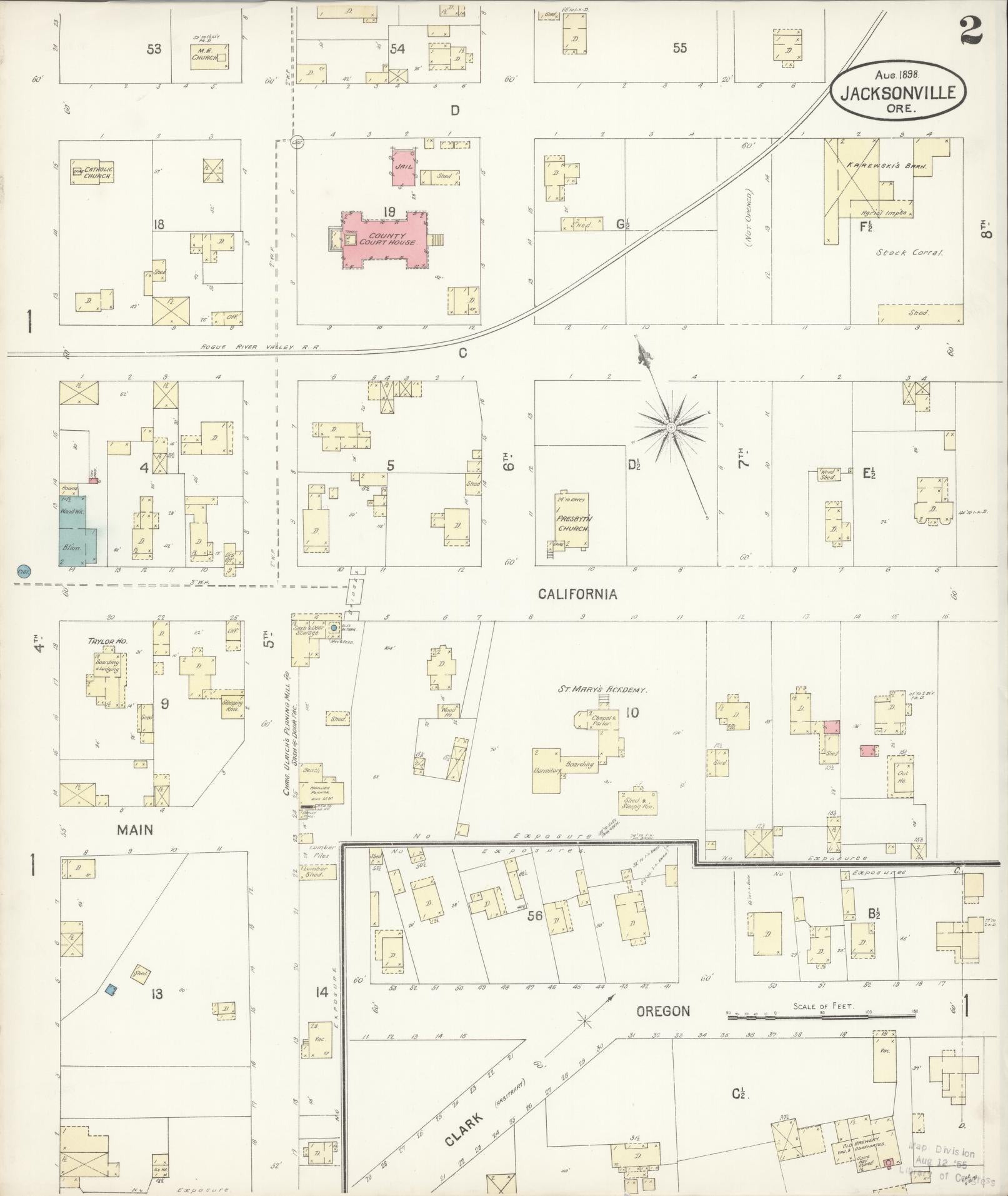Sanborn Fire Insurance Map from Jacksonville, Jackson County, Oregon (1898), Sheet #0002 - Complete Map Set gallery image, historic Sanborn map, vintage wall art, Oregon Oregon
