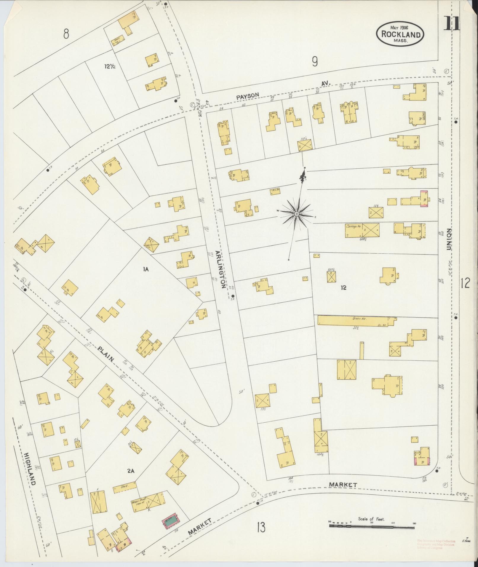 Sanborn Fire Insurance Map from Rockland, Plymouth County, Massachusetts (1906), Sheet #0011 - Historic Sanborn Fire Insurance Map Print, vintage old map wall art, antique decor, genealogy gift, Massachusetts Massachusetts map