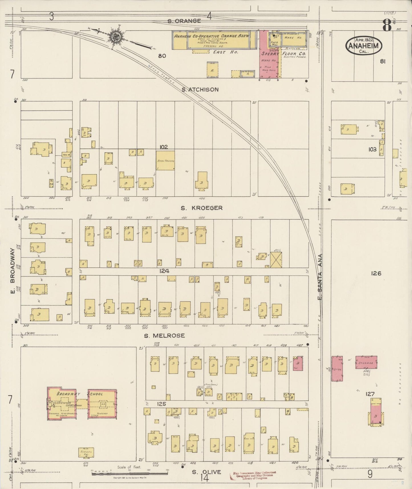 Sanborn Fire Insurance Map from Anaheim, Orange County, California (1922), Sheet #0008 - Historic Sanborn Fire Insurance Map Print, vintage old map wall art, antique decor, genealogy gift, California California map
