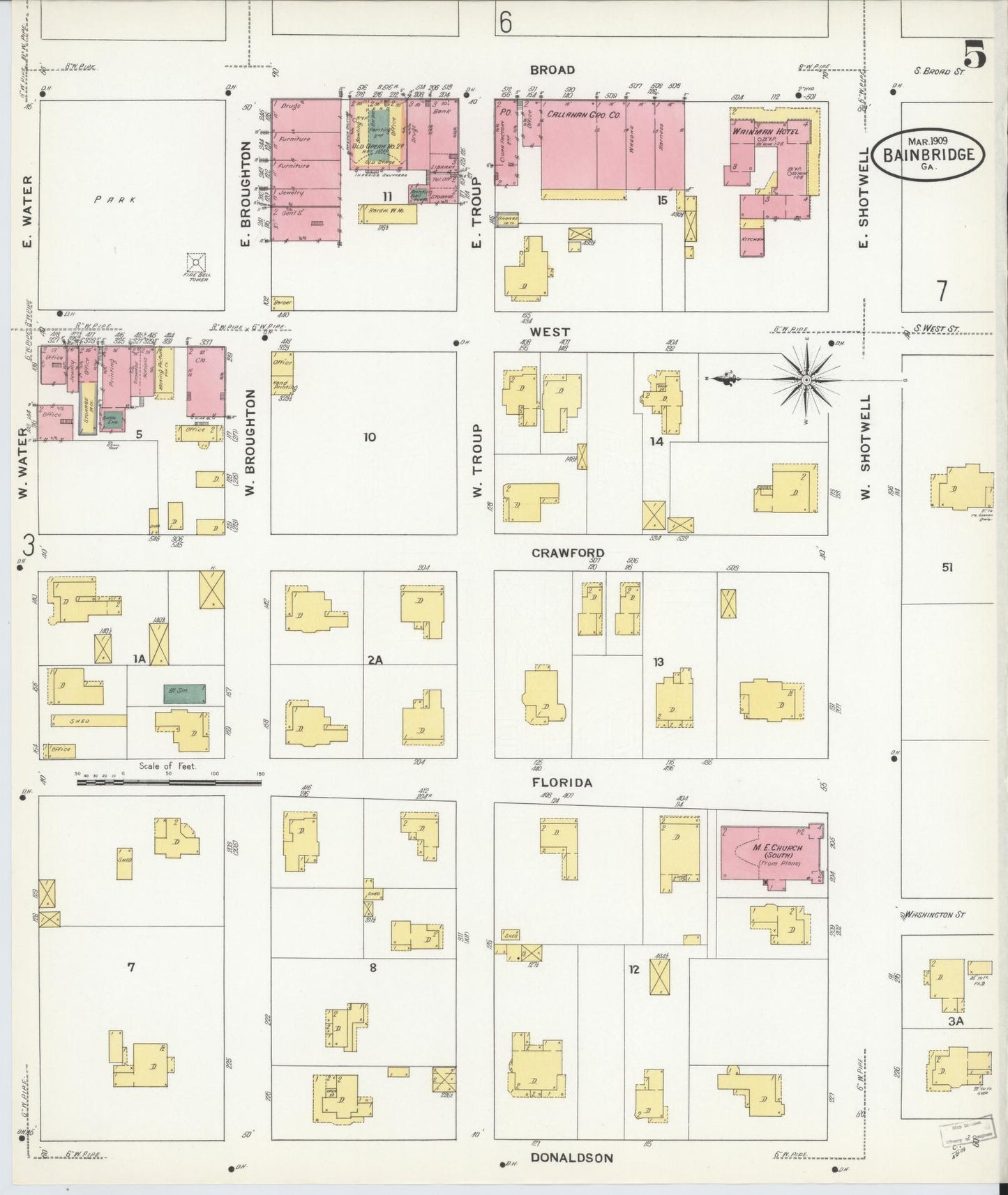 Sanborn Fire Insurance Map from Bainbridge, Decatur County, Georgia (1909), Sheet #0005 - Historic Sanborn Fire Insurance Map Print, vintage old map wall art, antique decor, genealogy gift, Georgia Georgia map