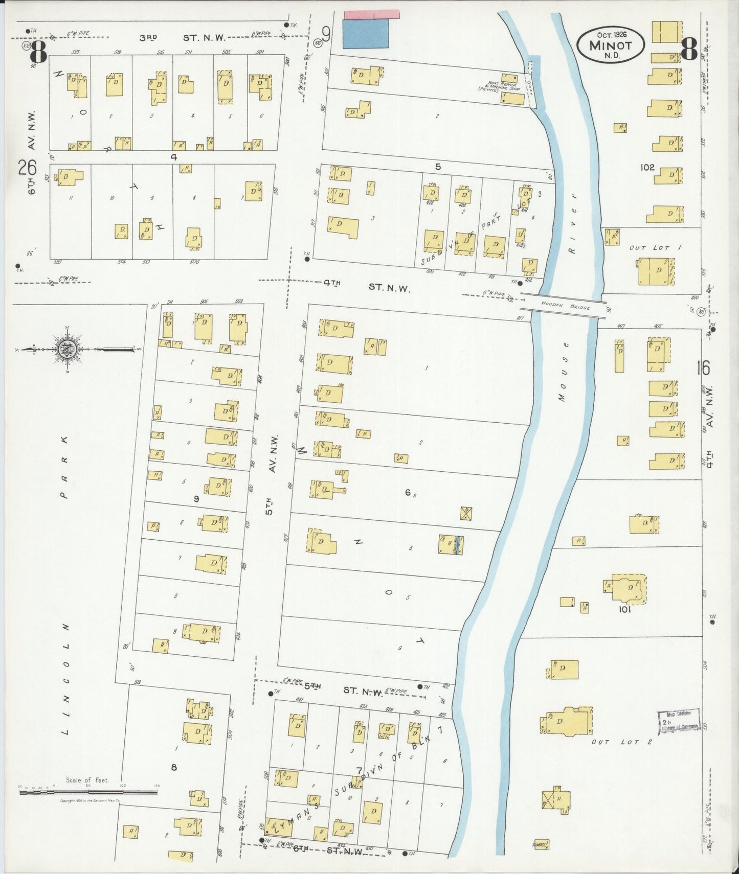 Sanborn Fire Insurance Map from Minot, Ward County, North Dakota (1926), Sheet #0008 - Complete Map Set gallery image, historic Sanborn map, vintage wall art, North Dakota North Dakota