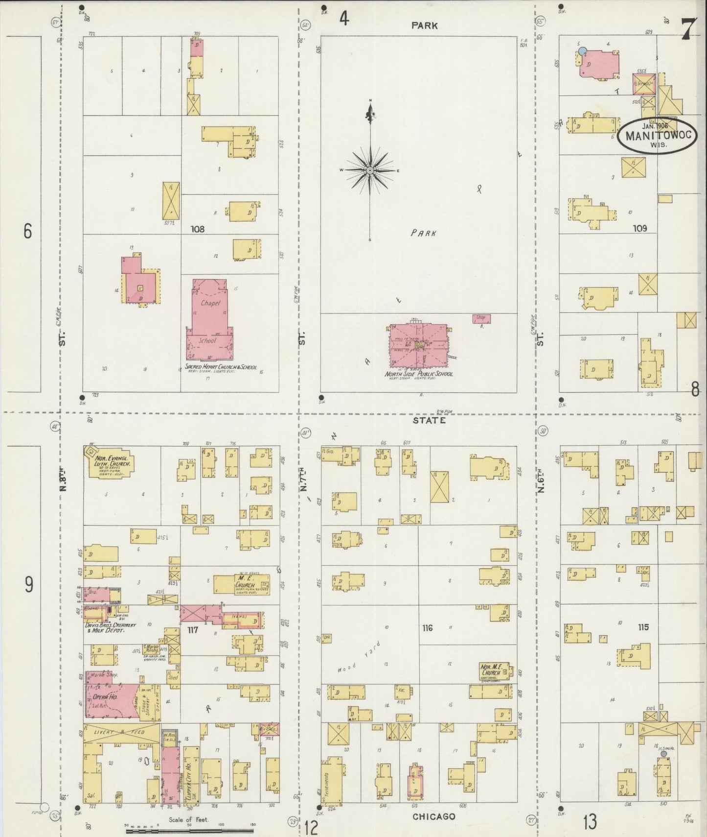 Sanborn Fire Insurance Map from Manitowoc, Manitowoc County, Wisconsin (1906), Sheet #0007 - Complete Map Set gallery image, historic Sanborn map, vintage wall art, Wisconsin Wisconsin
