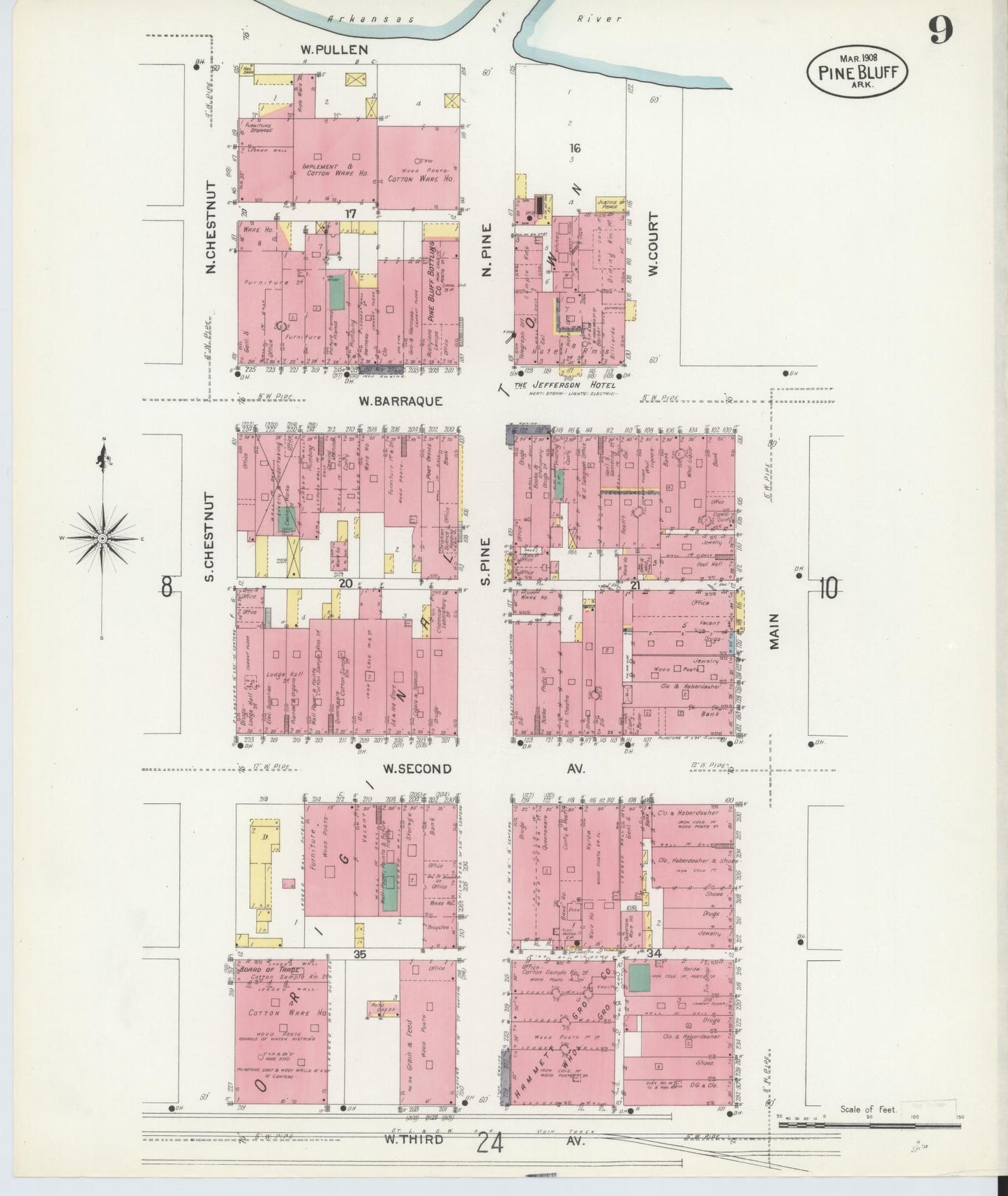 Sanborn Fire Insurance Map from Pine Bluff, Jefferson County, Arkansas (1908), Sheet #0009 - Historic Sanborn Fire Insurance Map Print, vintage old map wall art, antique decor, genealogy gift, Arkansas Arkansas map