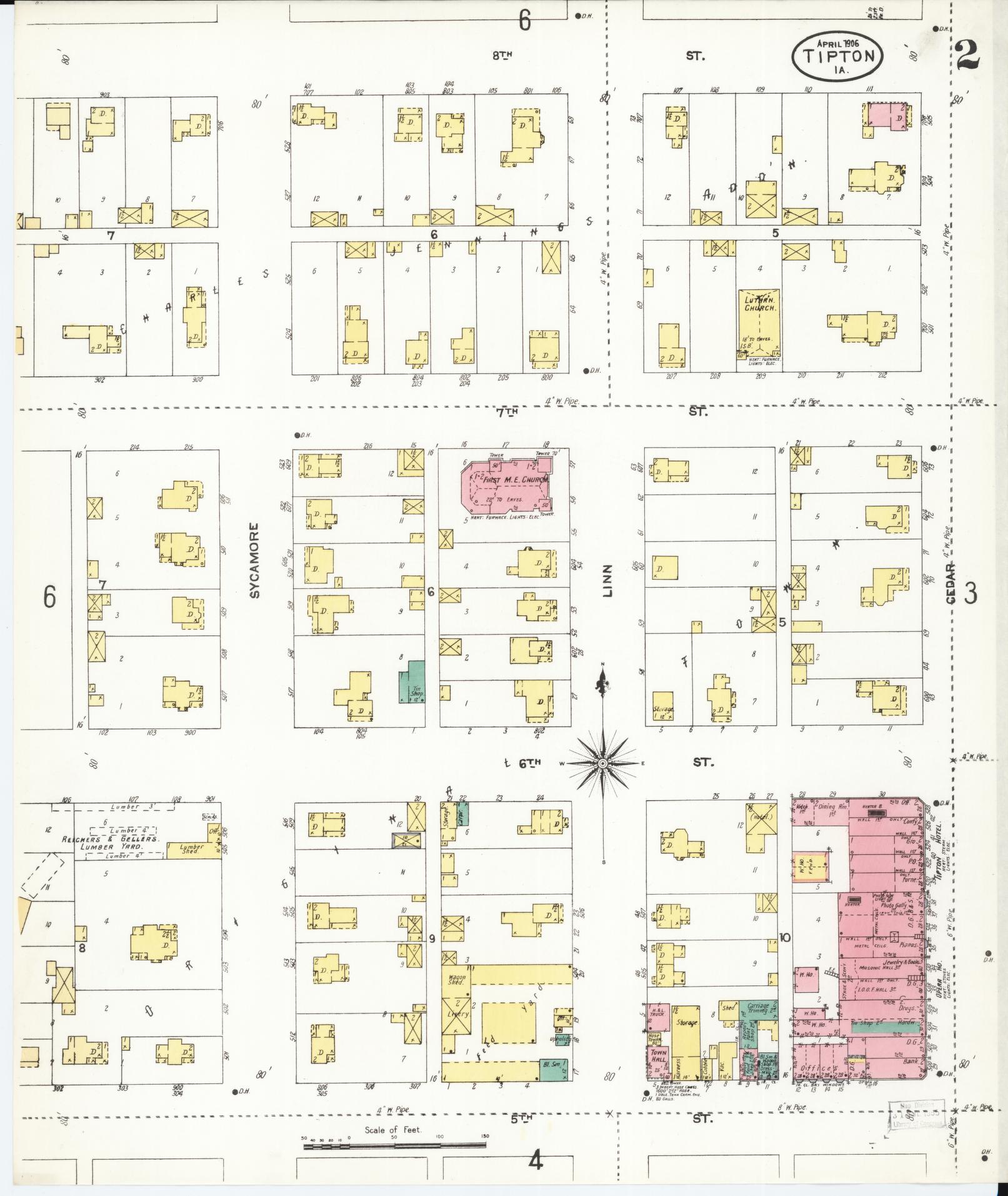 Sanborn Fire Insurance Map from Tipton, Cedar County, Iowa (1906), Sheet #0002 - Historic Sanborn Fire Insurance Map Print, vintage old map wall art