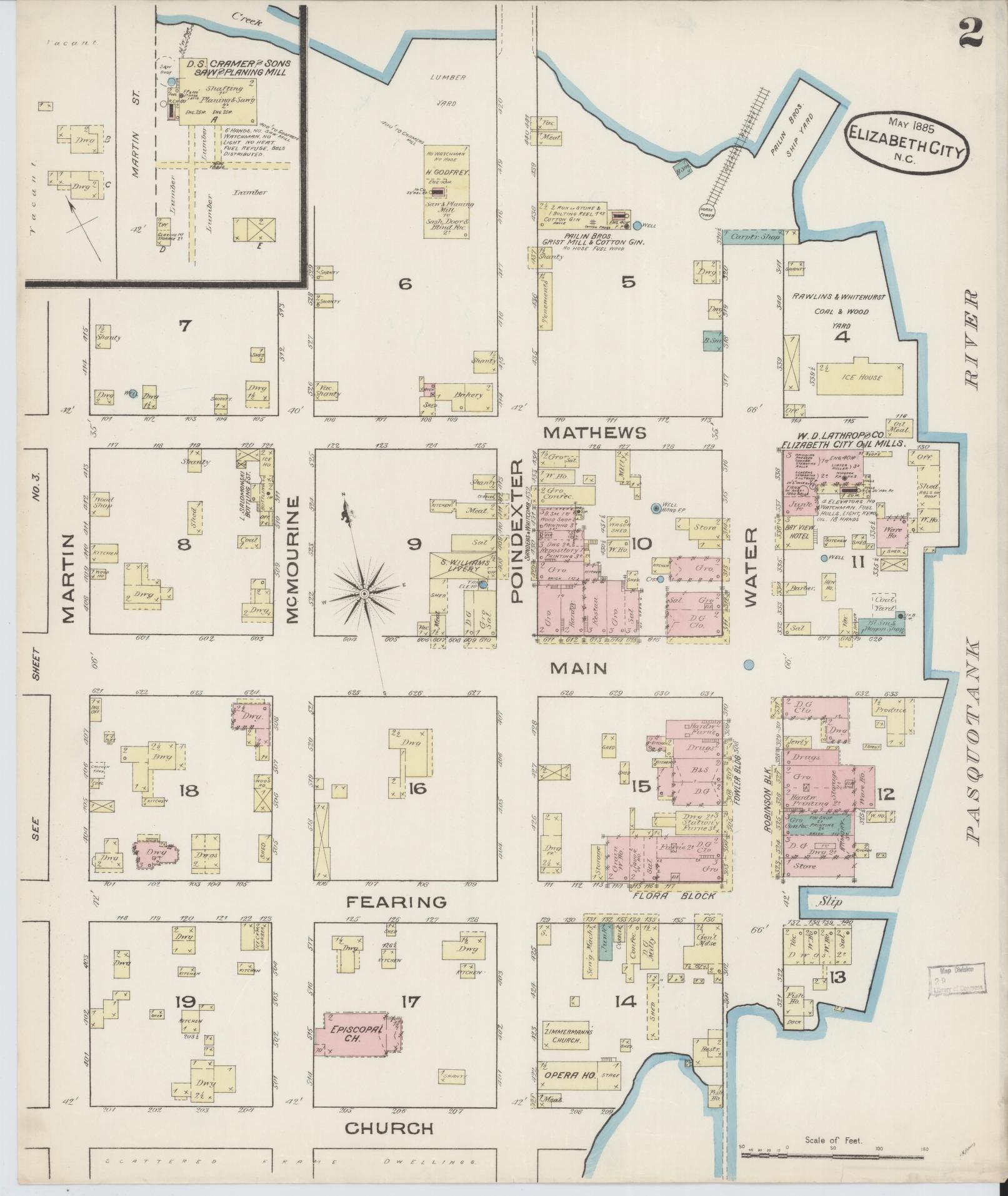Sanborn Fire Insurance Map from Elizabeth City, Pasquotank County, North Carolina (1885), Sheet #0002 - Complete Map Set gallery image, historic Sanborn map, vintage wall art, North Carolina North Carolina