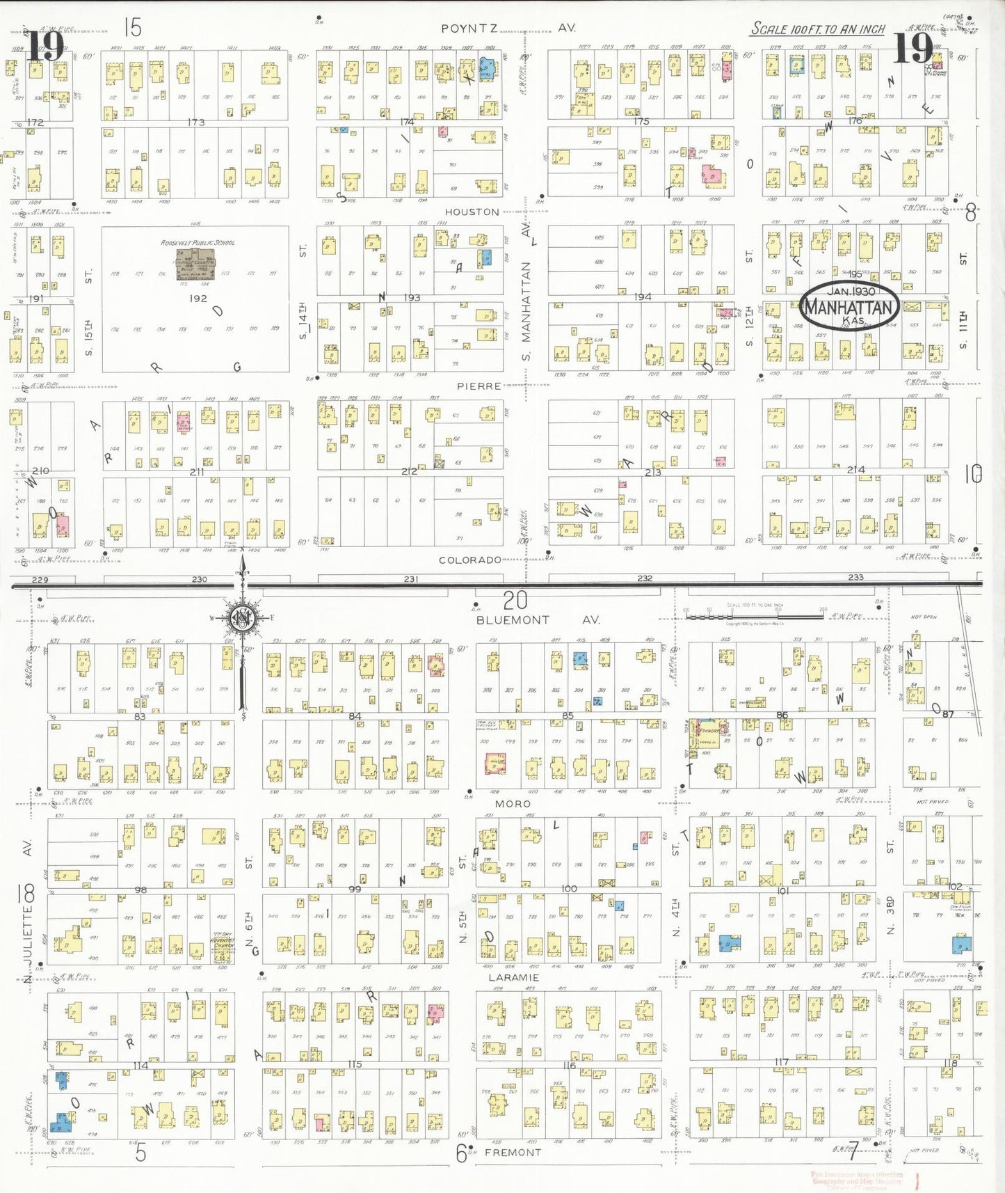 Sanborn Fire Insurance Map from Manhattan, Riley County, Kansas (1930), Sheet #0019 - Complete Map Set gallery image, historic Sanborn map, vintage wall art, Kansas Kansas