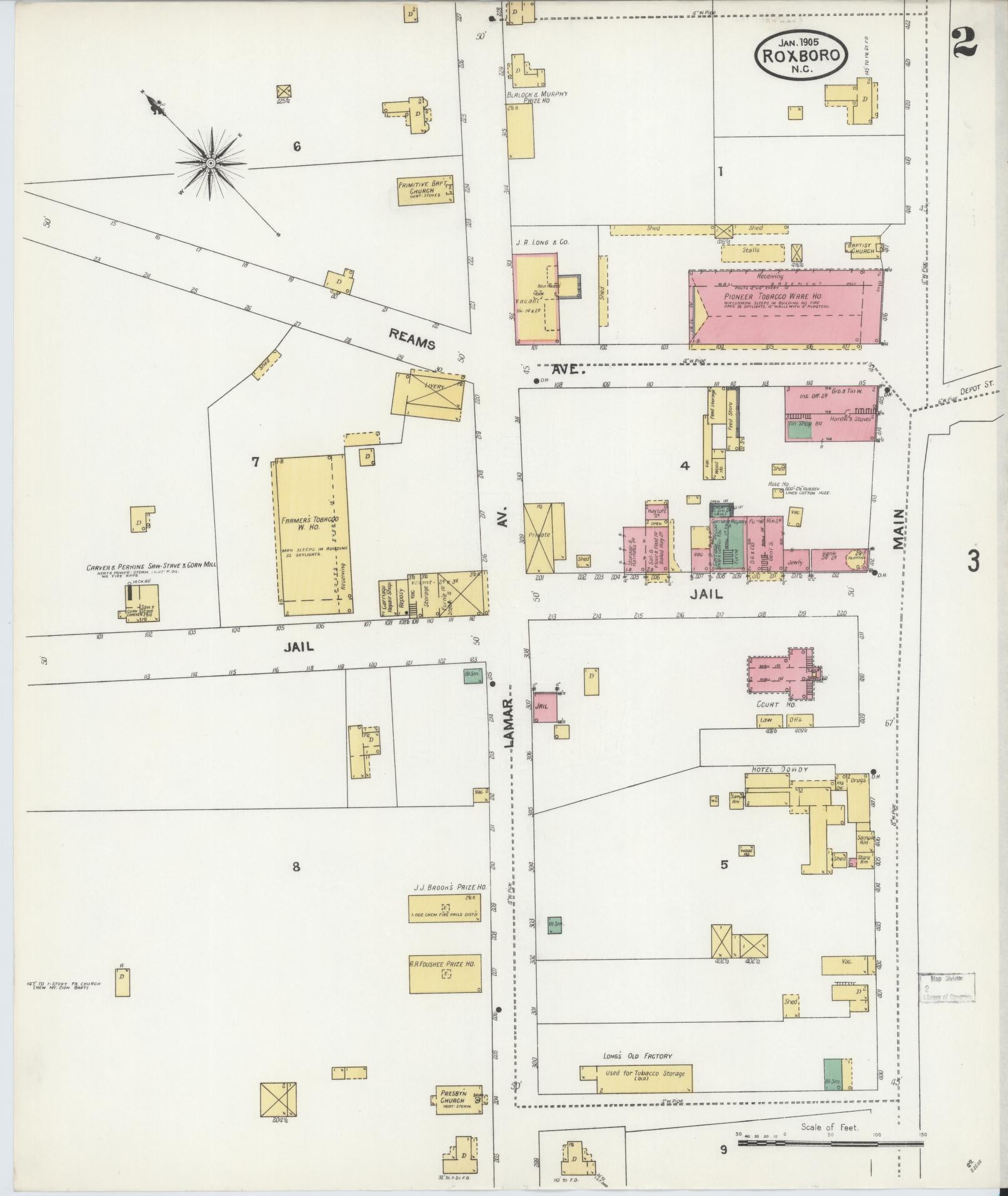 Sanborn Fire Insurance Map from Roxboro, Person County, North Carolina (1905), Sheet #0002 - Complete Map Set gallery image, historic Sanborn map, vintage wall art, North Carolina North Carolina