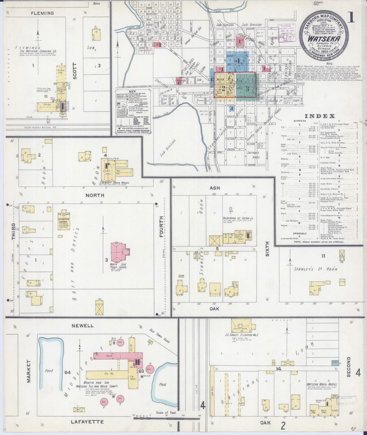 Sanborn Fire Insurance Map from Watseka, Iroquois County, Illinois (1905), Sheet #0001 - Historic Sanborn Fire Insurance Map Print, vintage old map wall art, antique decor, genealogy gift, Illinois Illinois map