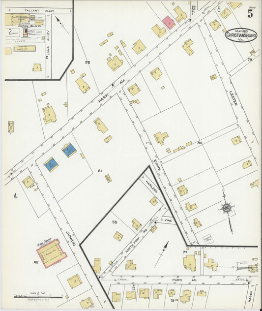 Sanborn Fire Insurance Map from Christiansburg, Montgomery County, Virginia (1921), Sheet #0005 - Historic Sanborn Fire Insurance Map Print, vintage old map wall art, antique decor, genealogy gift, Virginia Virginia map