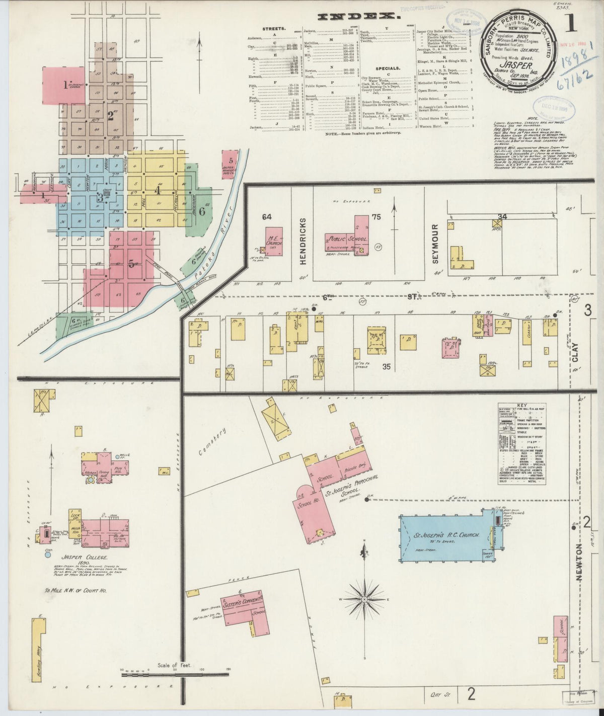 Sanborn Fire Insurance Map from Jasper, Dubois County, Indiana (1898), Sheet #0001 - Historic Sanborn Fire Insurance Map Print, vintage old map wall art, antique decor, genealogy gift, Indiana Indiana map