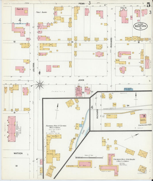 Sanborn Fire Insurance Map from Bedford, Bedford County, Pennsylvania (1901), Sheet #0005 - Historic Sanborn Fire Insurance Map Print, vintage old map wall art, antique decor, genealogy gift, Pennsylvania Pennsylvania map