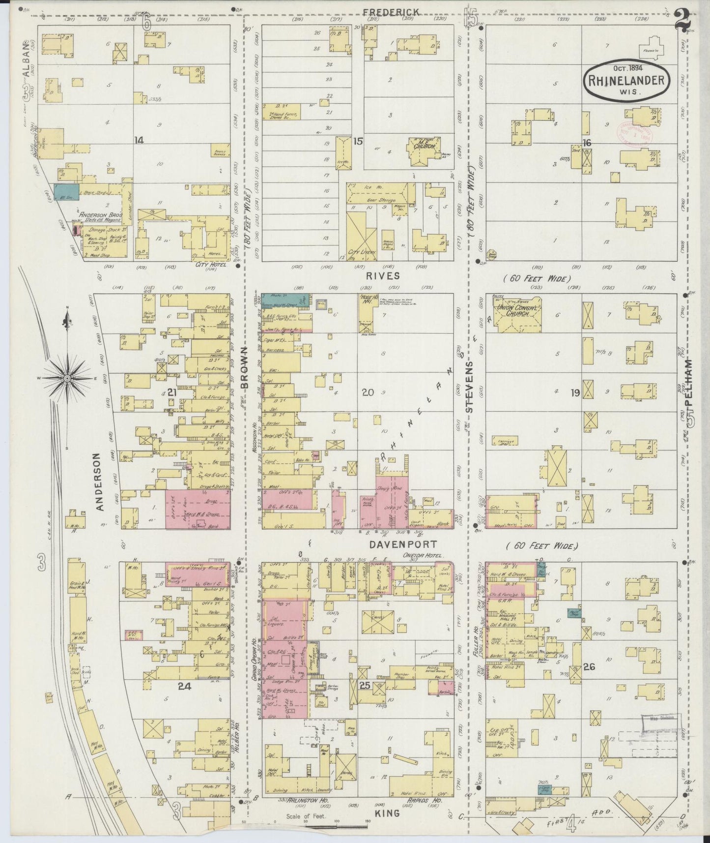 Sanborn Fire Insurance Map from Rhinelander, Oneida County, Wisconsin (1894), Sheet #0002 - Historic Sanborn Fire Insurance Map Print, vintage old map wall art, antique decor, genealogy gift, Wisconsin Wisconsin map