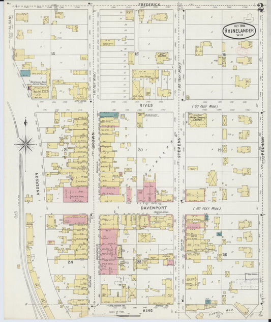 Sanborn Fire Insurance Map from Rhinelander, Oneida County, Wisconsin (1894), Sheet #0002 - Historic Sanborn Fire Insurance Map Print, vintage old map wall art, antique decor, genealogy gift, Wisconsin Wisconsin map