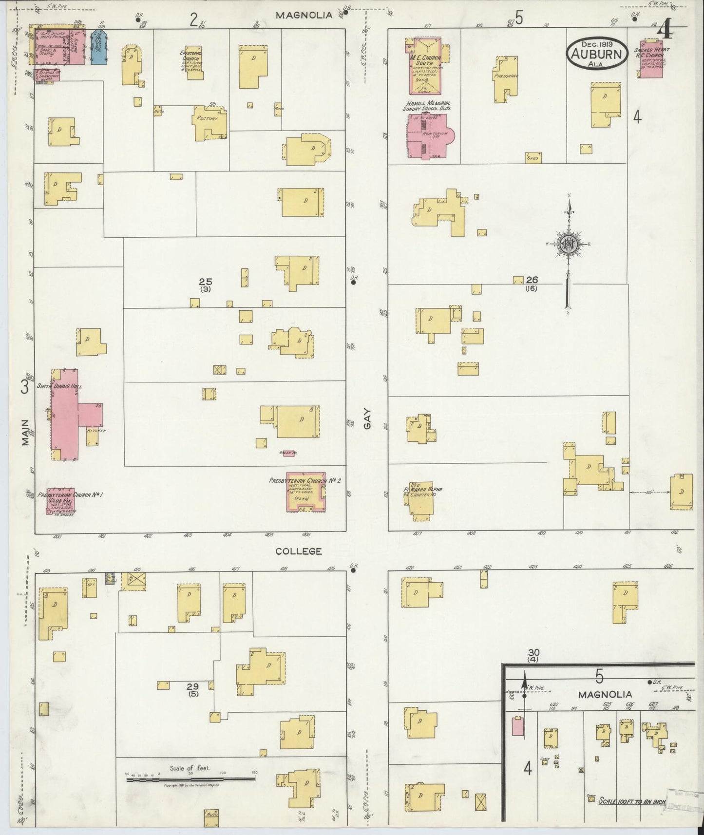 Sanborn Fire Insurance Map from Auburn, Lee County, Alabama (1919), Sheet #0004 - Historic Sanborn Fire Insurance Map Print, vintage old map wall art, antique decor, genealogy gift, Alabama Alabama map