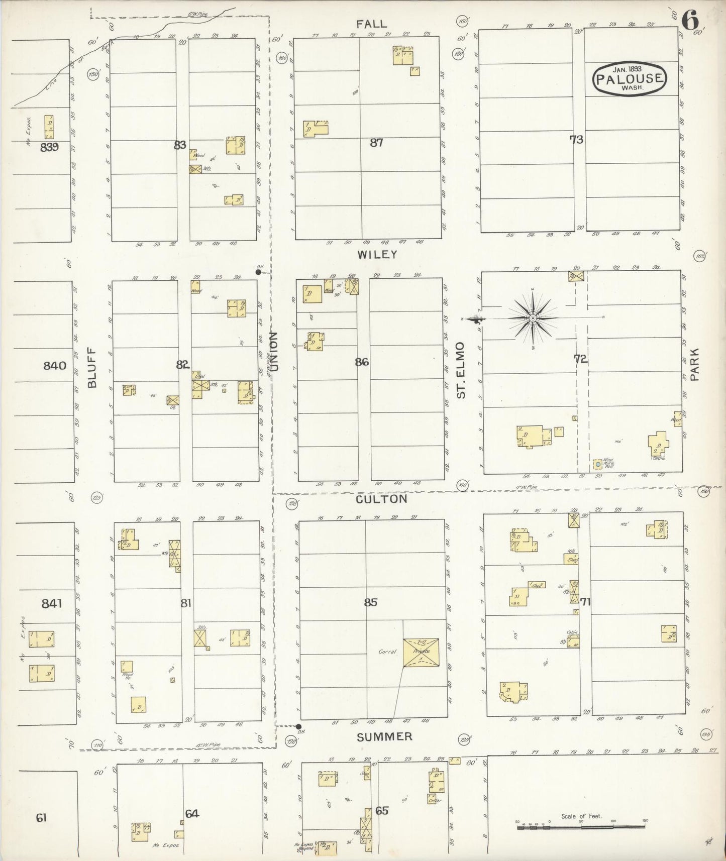 Sanborn Fire Insurance Map from Palouse City, Whitman County, Washington (1893), Sheet #0006 - Complete Map Set gallery image, historic Sanborn map, vintage wall art, Washington Washington