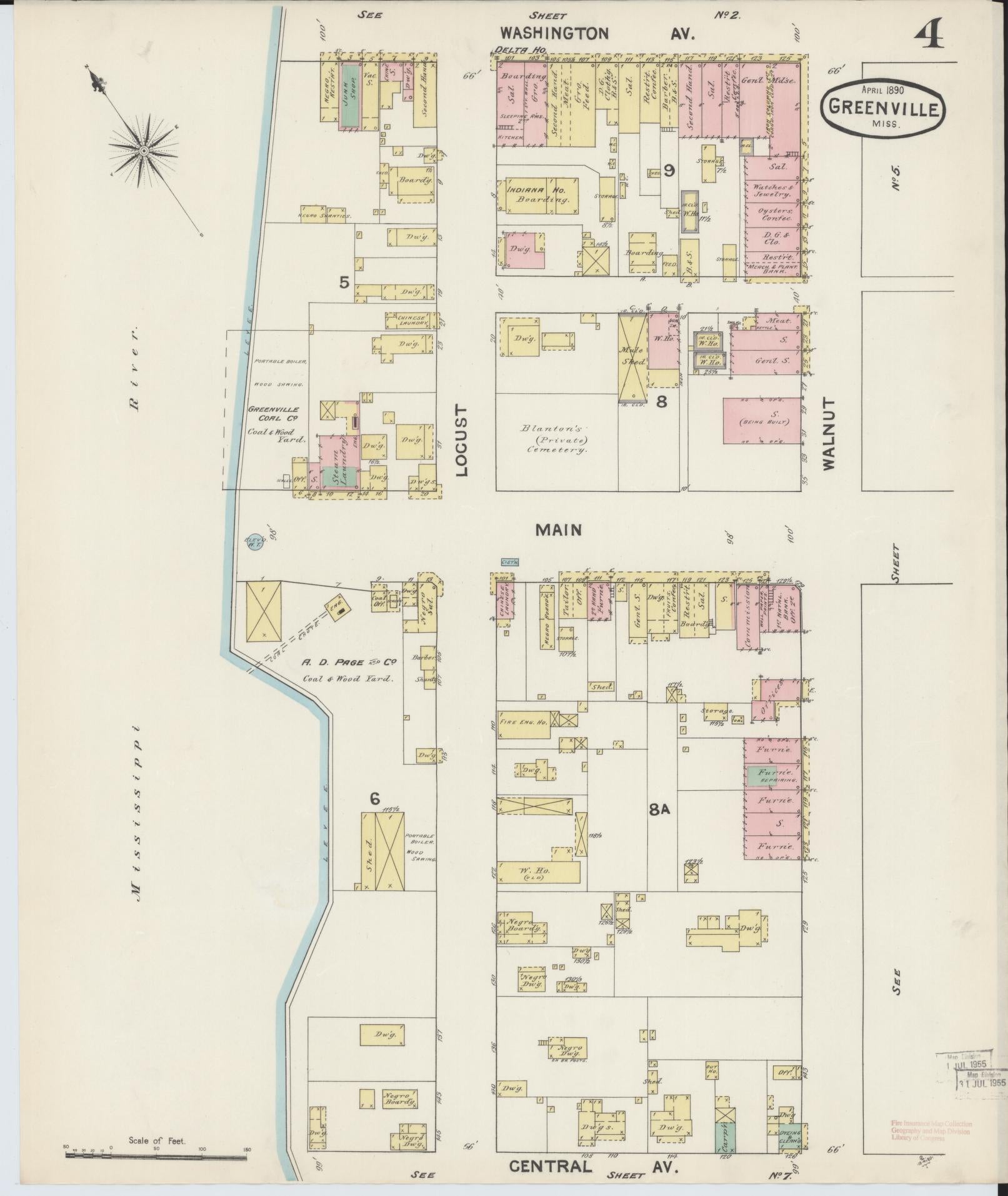 Sanborn Fire Insurance Map from Greenville, Washington County, Mississippi (1890), Sheet #0004 - Historic Sanborn Fire Insurance Map Print, vintage old map wall art, antique decor, genealogy gift, Mississippi Mississippi map