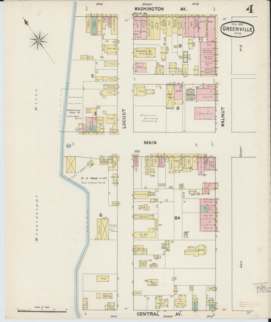 Sanborn Fire Insurance Map from Greenville, Washington County, Mississippi (1890), Sheet #0004 - Historic Sanborn Fire Insurance Map Print, vintage old map wall art, antique decor, genealogy gift, Mississippi Mississippi map