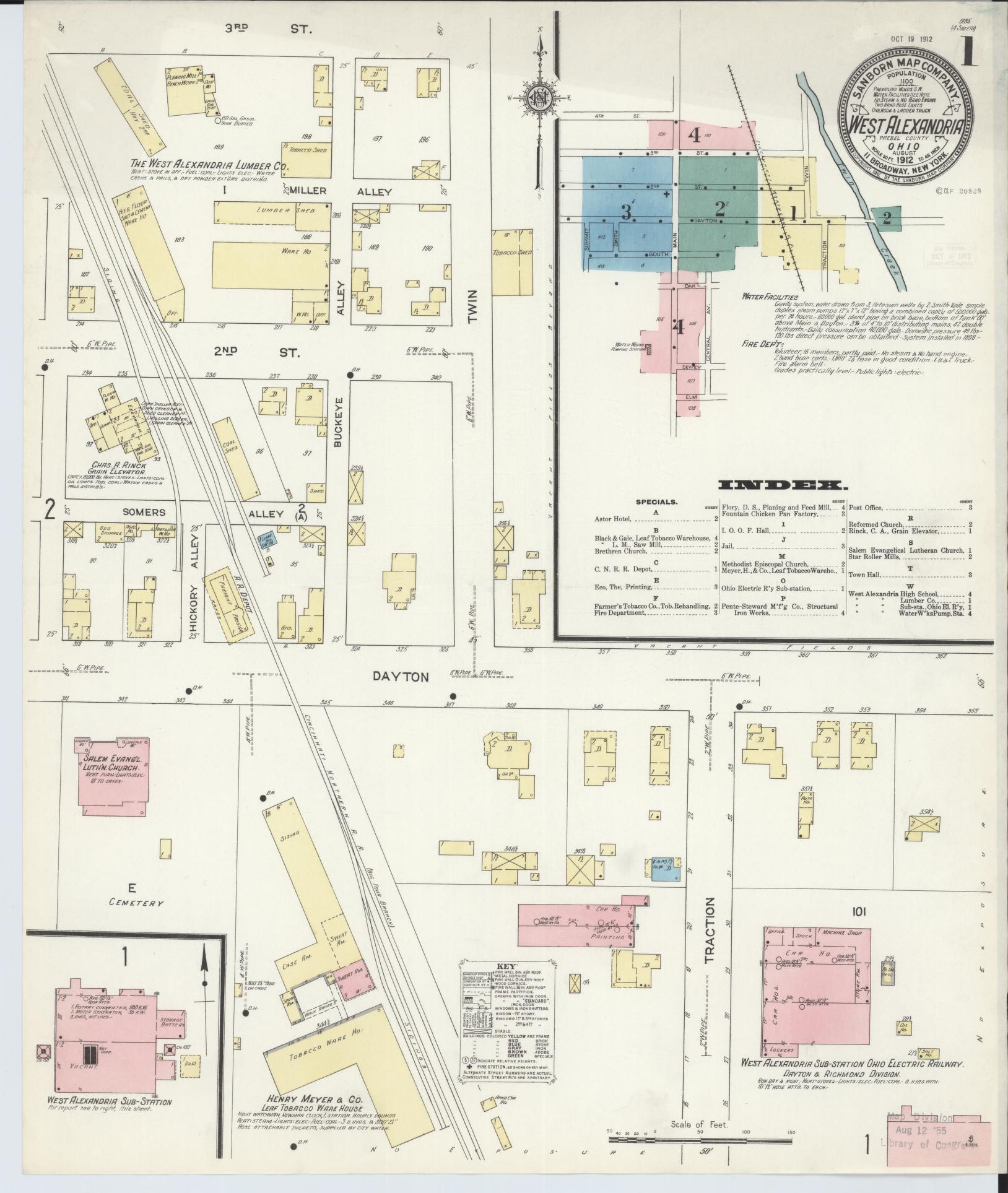 Sanborn Fire Insurance Map from West Alexandria, Preble County, Ohio (1912), Sheet #0001 - Historic Sanborn Fire Insurance Map Print, vintage old map wall art, antique decor, genealogy gift, Ohio Ohio map