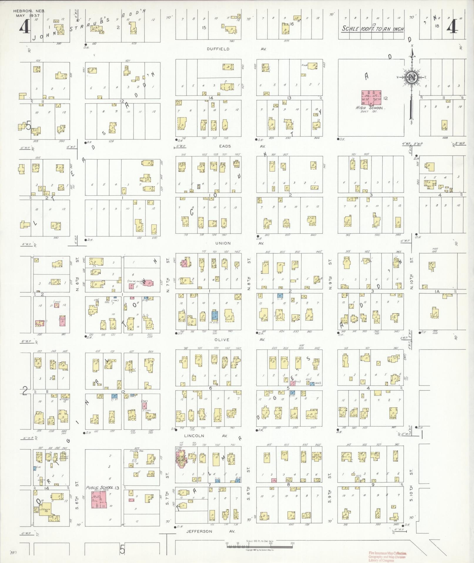Sanborn Fire Insurance Map from Hebron, Thayer County, Nebraska (1937), Sheet #0004 - Complete Map Set gallery image, historic Sanborn map, vintage wall art, Nebraska Nebraska