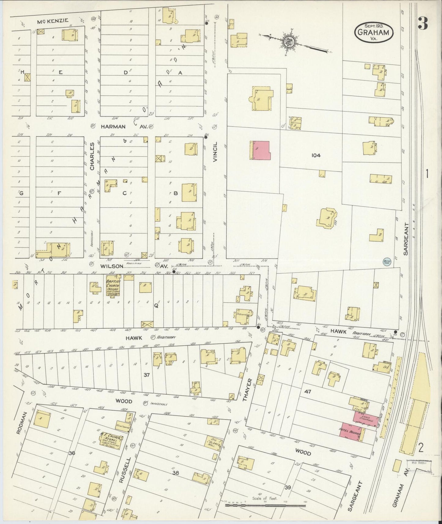 Sanborn Fire Insurance Map from Graham, Tazewell County, Virginia (1913), Sheet #0003 - Historic Sanborn Fire Insurance Map Print, vintage old map wall art, antique decor, genealogy gift, Virginia Virginia map