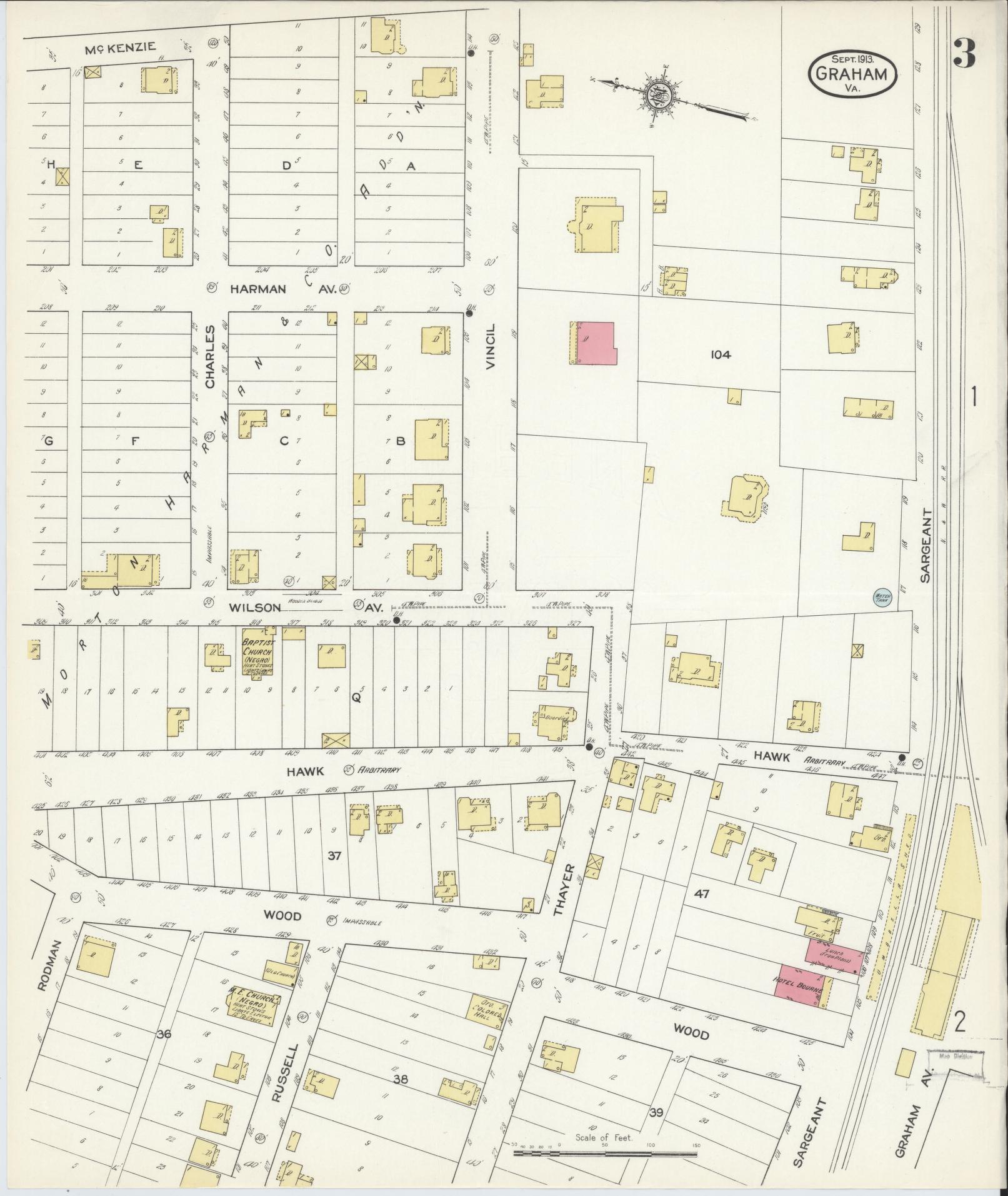 Sanborn Fire Insurance Map from Graham, Tazewell County, Virginia (1913), Sheet #0003 - Historic Sanborn Fire Insurance Map Print, vintage old map wall art, antique decor, genealogy gift, Virginia Virginia map