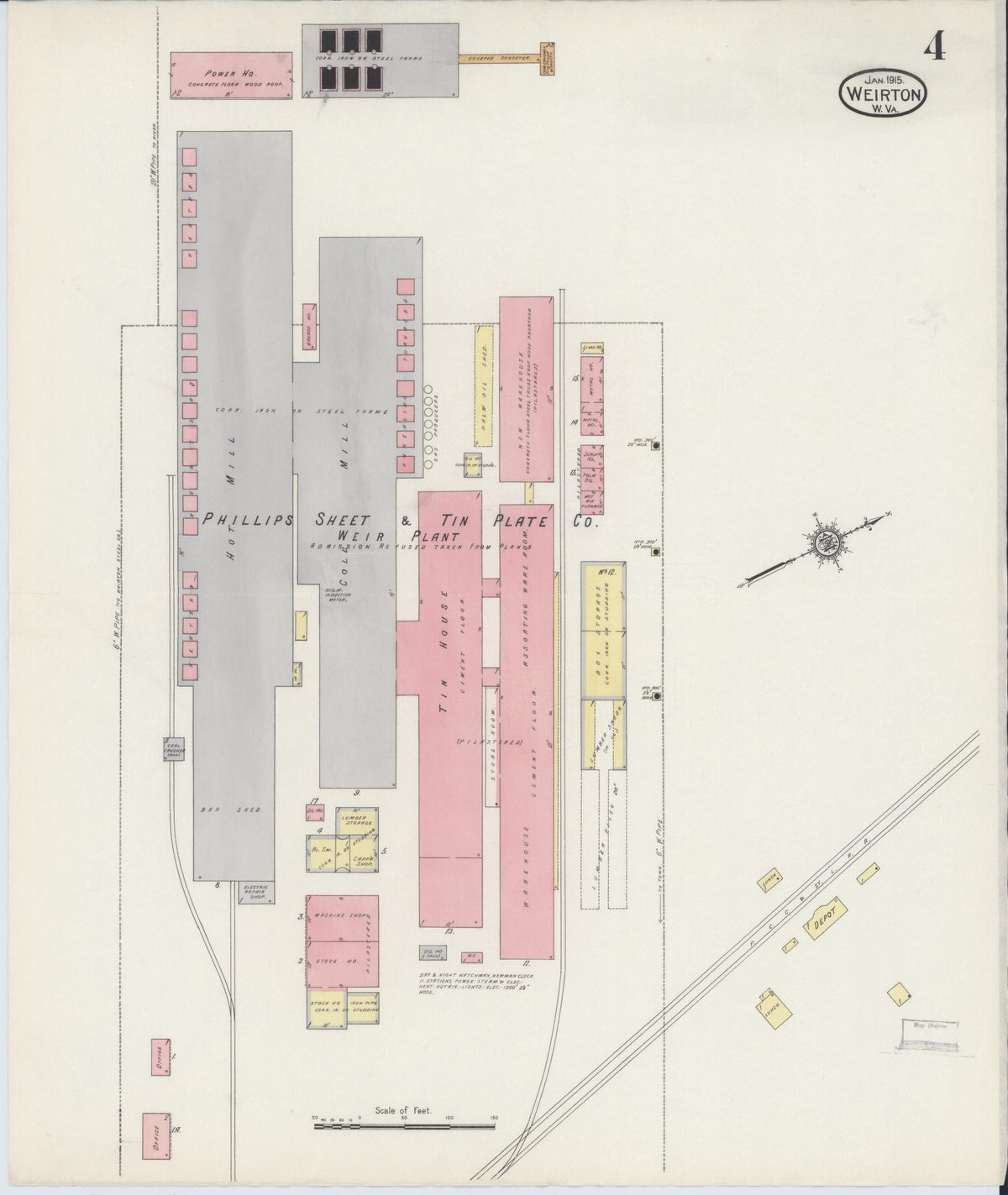 Sanborn Fire Insurance Map from Weirton, Hancock County, West Virginia (1915), Sheet #0004 - Historic Sanborn Fire Insurance Map Print, vintage old map wall art, antique decor, genealogy gift, West Virginia West Virginia map