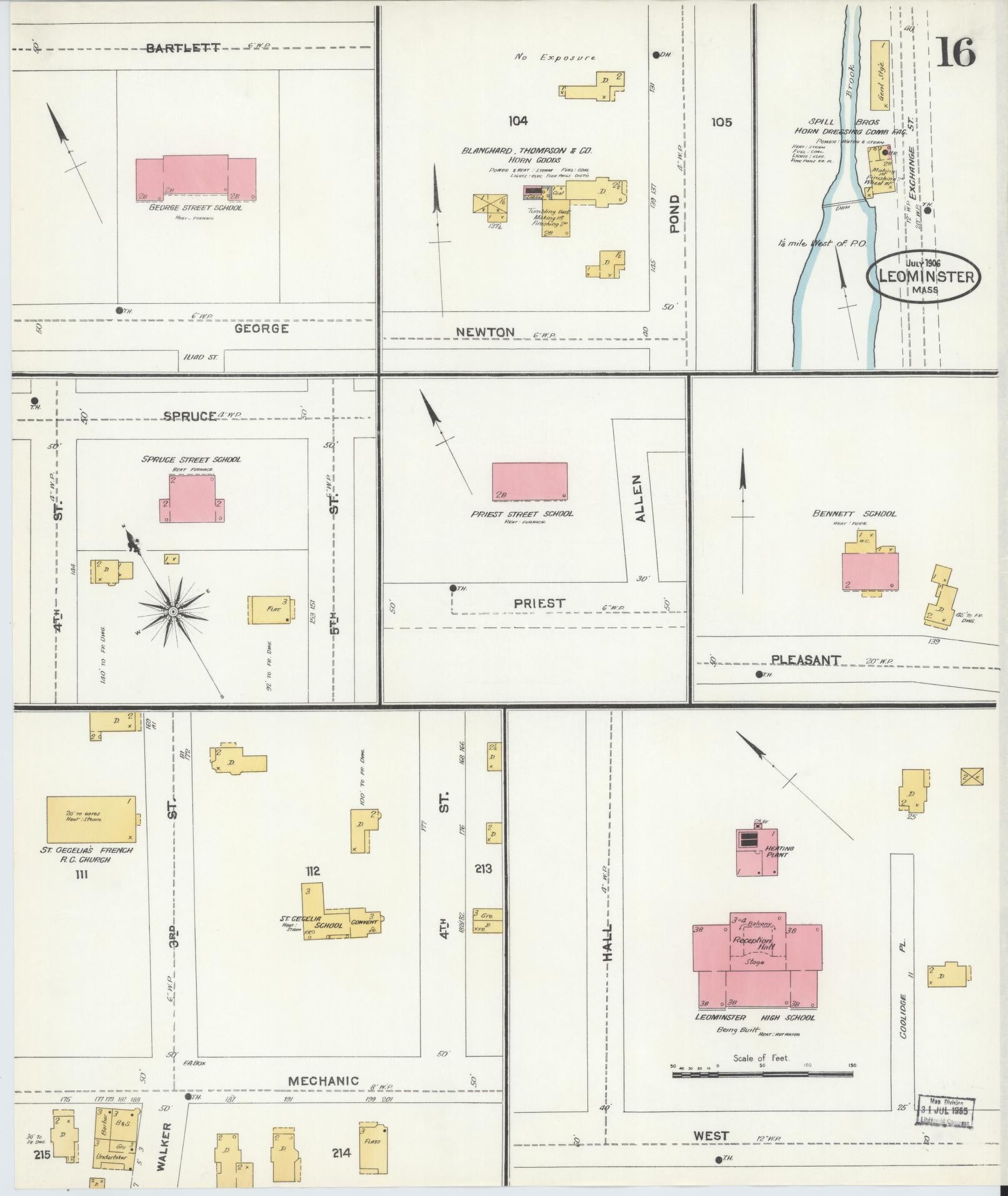 Sanborn Fire Insurance Map from Leominster, Worcester County, Massachusetts (1906), Sheet #0016 - Complete Map Set gallery image, historic Sanborn map, vintage wall art, Massachusetts Massachusetts